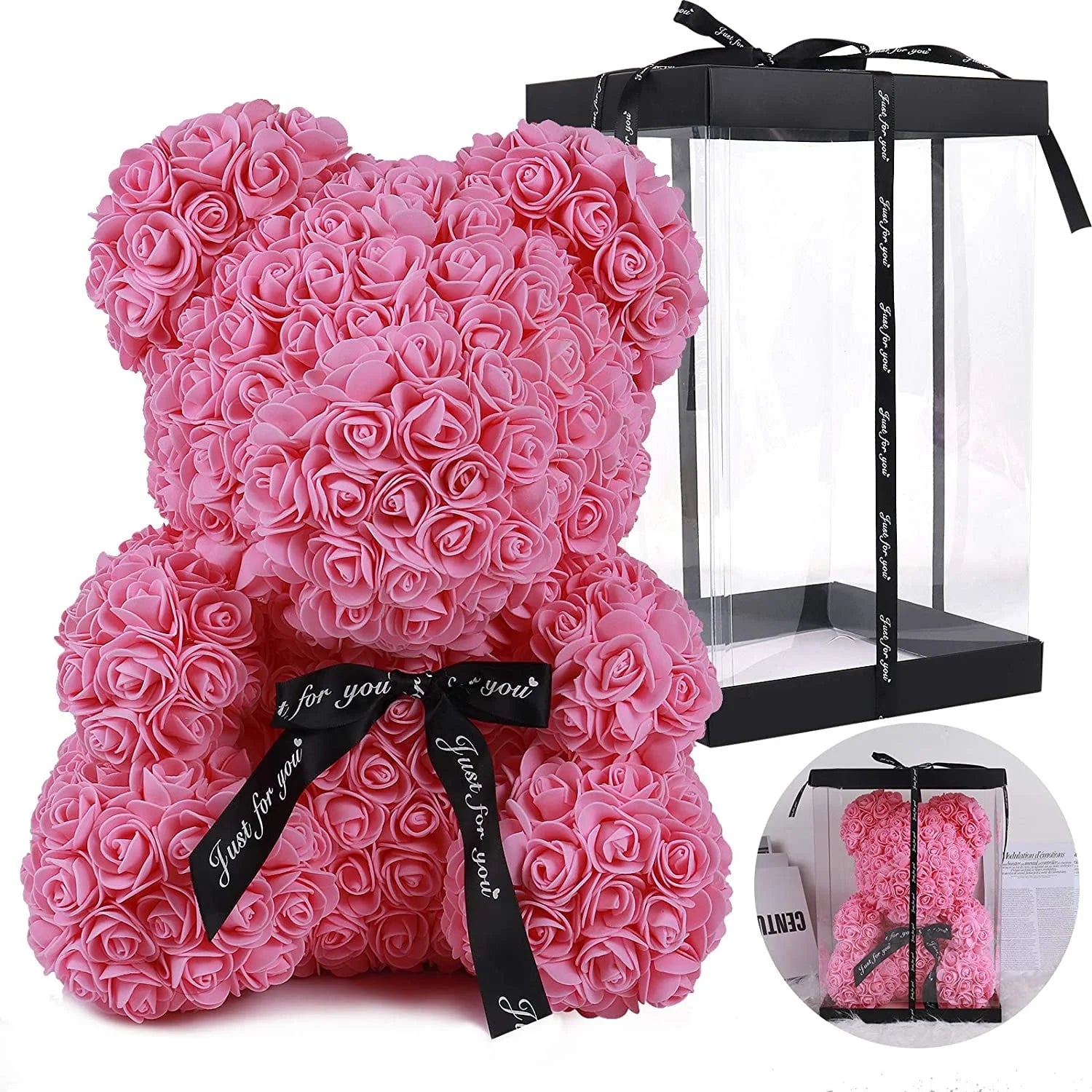 Pink Rose Teddy Bear – 10" Flower Bear with Gift Box, Perfect for Valentine’s Day, Mother’s Day, Anniversary, Birthday, or Wedding Party Décor