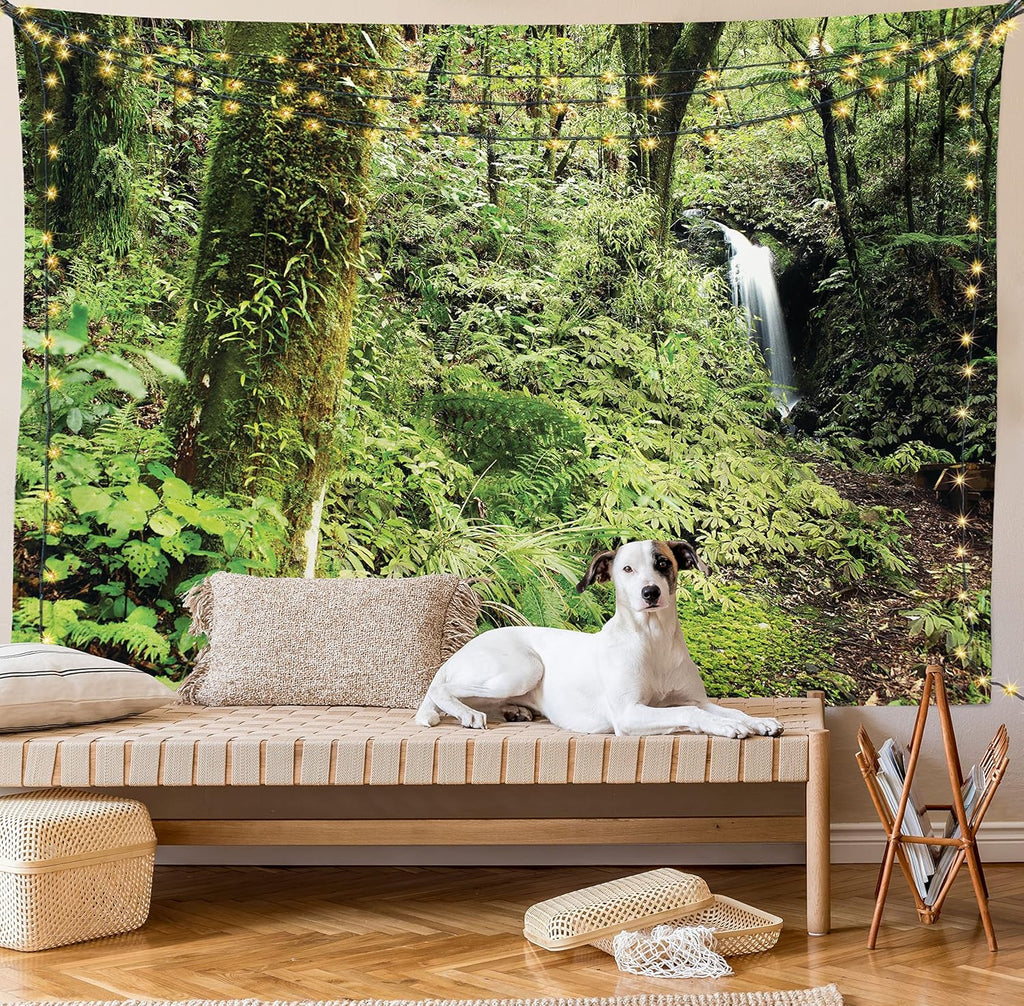 Woodland Tapestry King Size, Waterfall in Deep Forest Scenery in the Woods Green of Earth Covering Plants, Wall Hanging Bedspread Bed Cover Wall Decor, King Size, Forest Green