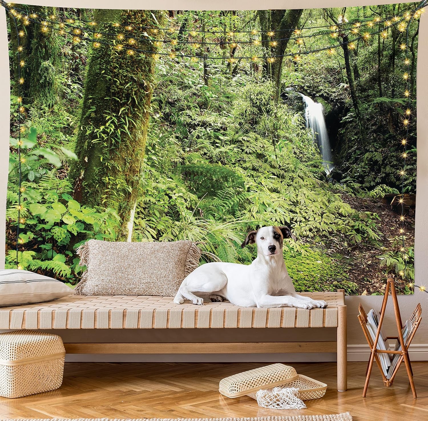 Woodland Tapestry King Size, Waterfall in Deep Forest Scenery in the Woods Green of Earth Covering Plants, Wall Hanging Bedspread Bed Cover Wall Decor, King Size, Forest Green