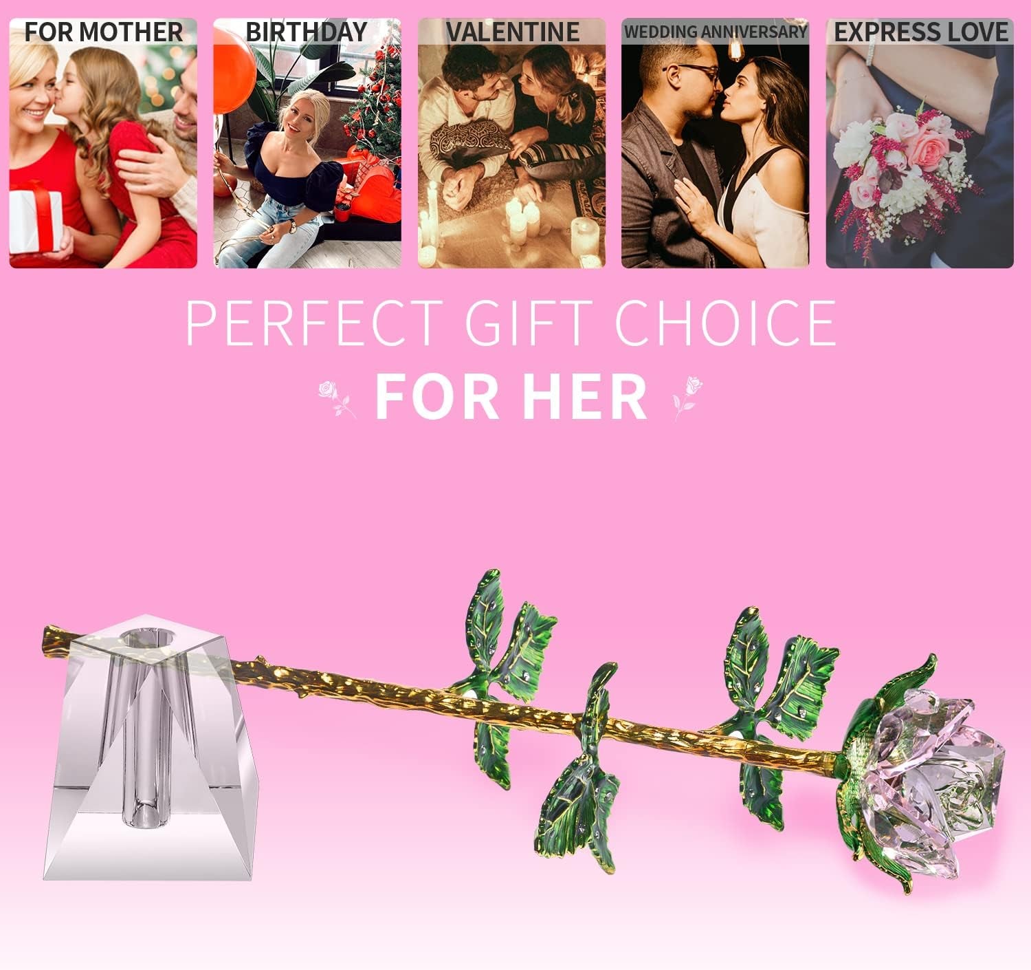 K9 Quality Crystal Roses, Forever Crystal Rose, Crystal,Long Stem with Crystal Vase,Best Gift for Her/Wife/Mom/Women on Valentine'S Day/Anniversary/Mother'S Day/Birthday Day(Pink)