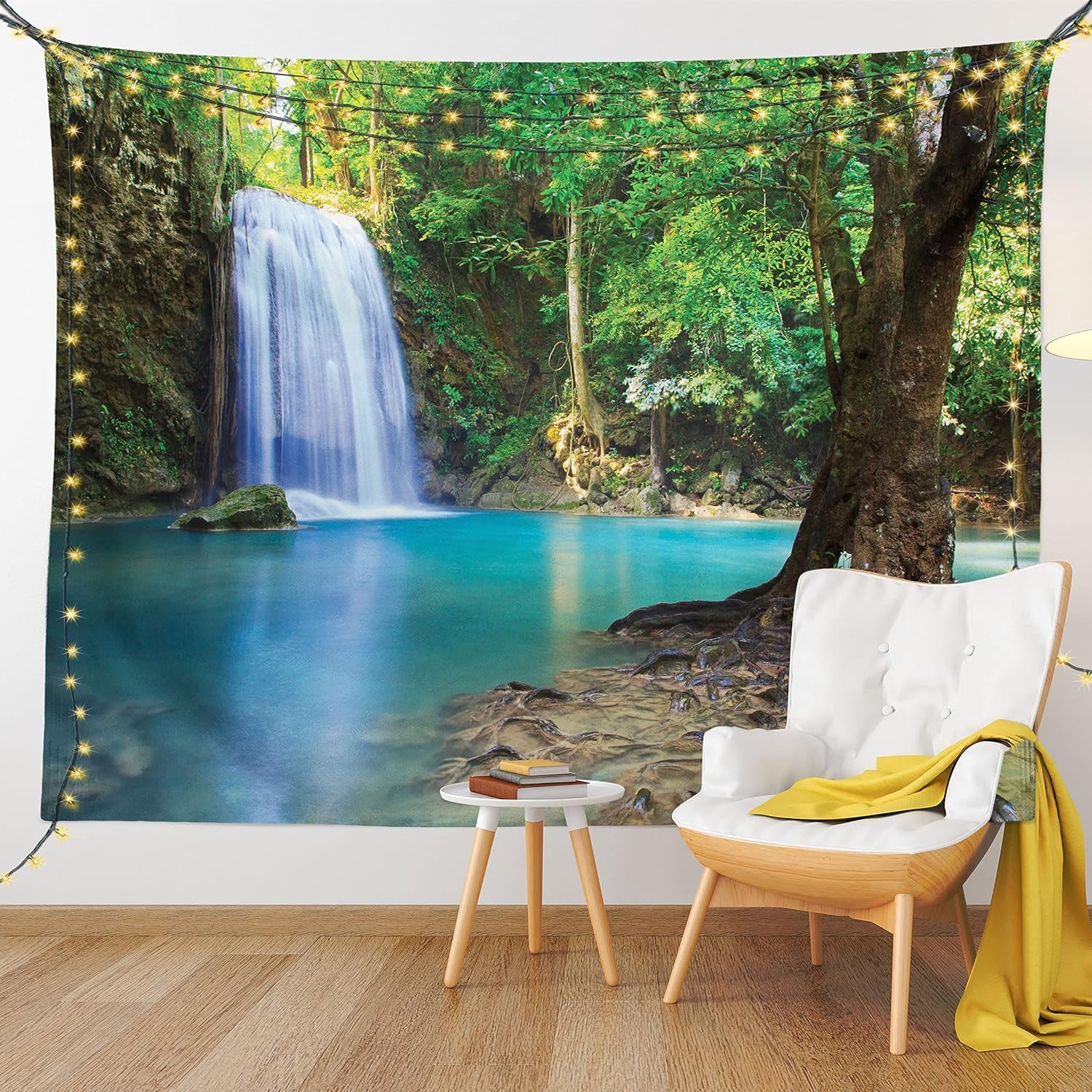 Woodland Tapestry King Size, Waterfall Asia Thailand Jungle Tropic Plants Trees Tourist Attraction, Wall Hanging Bedspread Bed Cover Wall Decor, 104" X 88", Turquoise Green