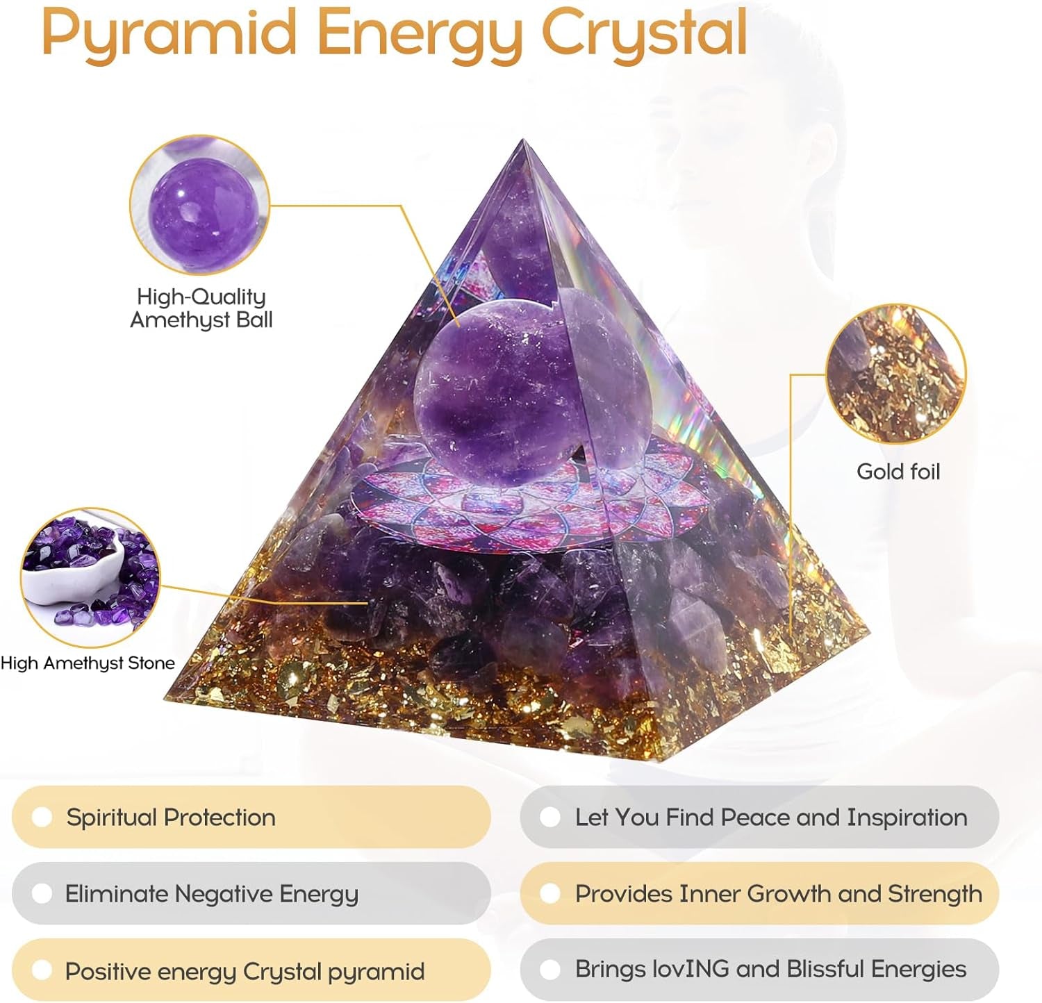 Orgone Pyramid for Positive Energy, Orgonite Natural Amethyst Crystal Healing Crystals Pyramid for Reduce Stress Chakra Reiki Healing Meditation Cleanses the Mind and Boosts Confidence
