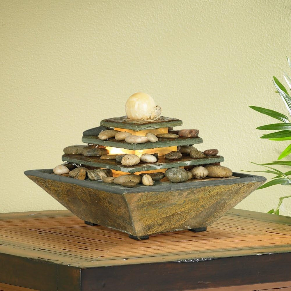 Pyramid 9" High Small Zen Modern Indoor Decor Slate Stone Tabletop Fountain with Light LED Waterfall Feng Shui Ball Water Feature for Desk Relaxation Bedroom Living Room Countertop -