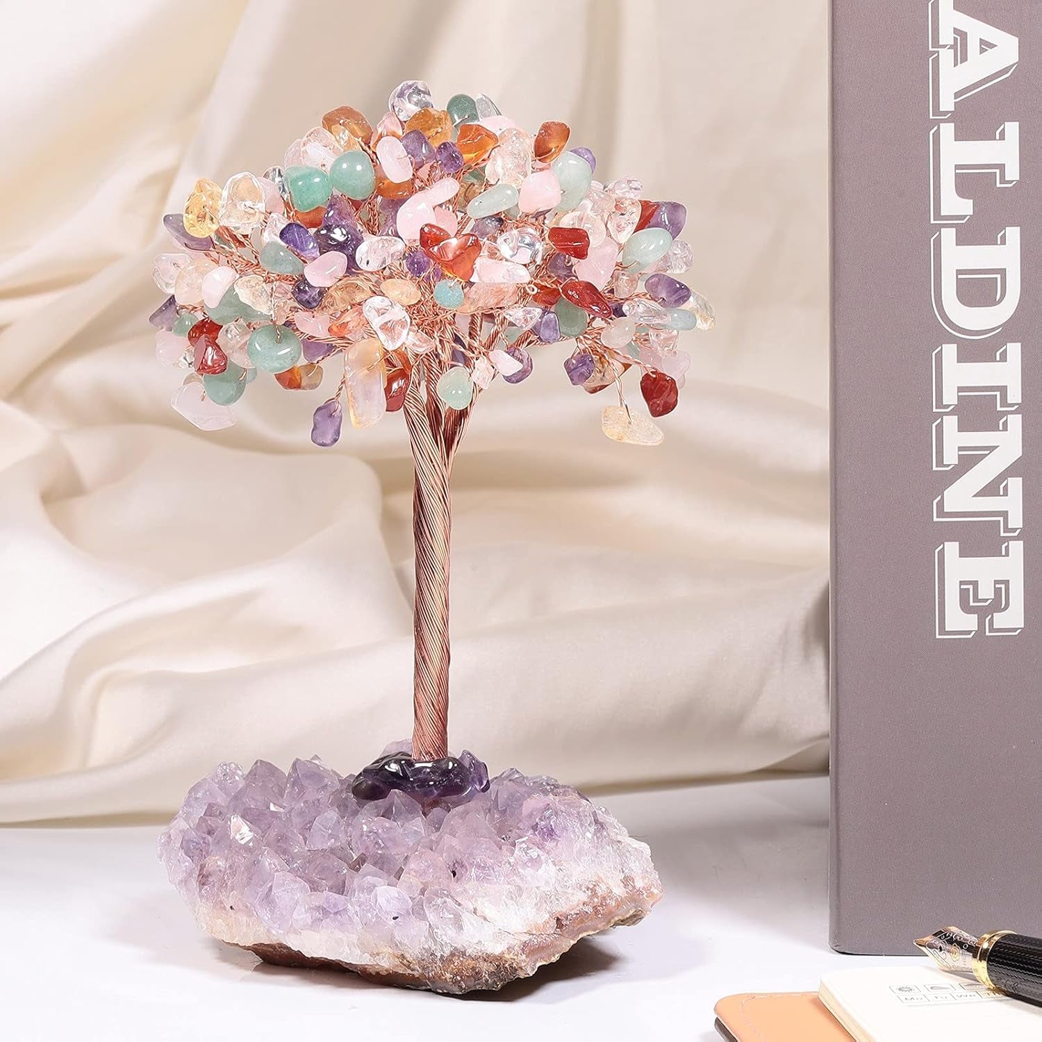 Healing Crystals Money Tree with Natural Amethyst Base, Crystal Stone Feng Shui Bonsai Figurines Tree of Life Decoration for Home Table Office, 7 Chakra Colorful