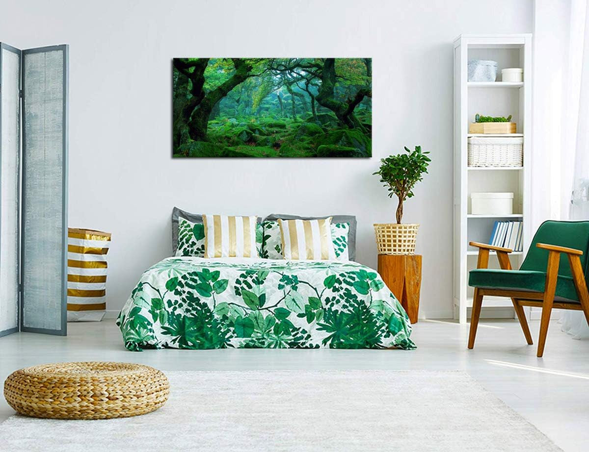 Green Forest Canvas Wall Art Living Room Decoration Big Trees Nature Picture Large Modern Canvas Artwork Contemporary Woods Mossy Rock Spring Season Prints for Office Home Decoration 20" X 40"
