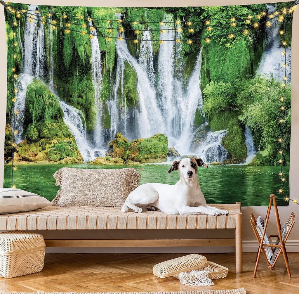 Waterfall Tapestry King Size, Moss Greenery Reflection on River Landmark in Bosnia and Herzegovina Picture, Wall Hanging Bedspread Bed Cover Wall Decor, King Size, Green White