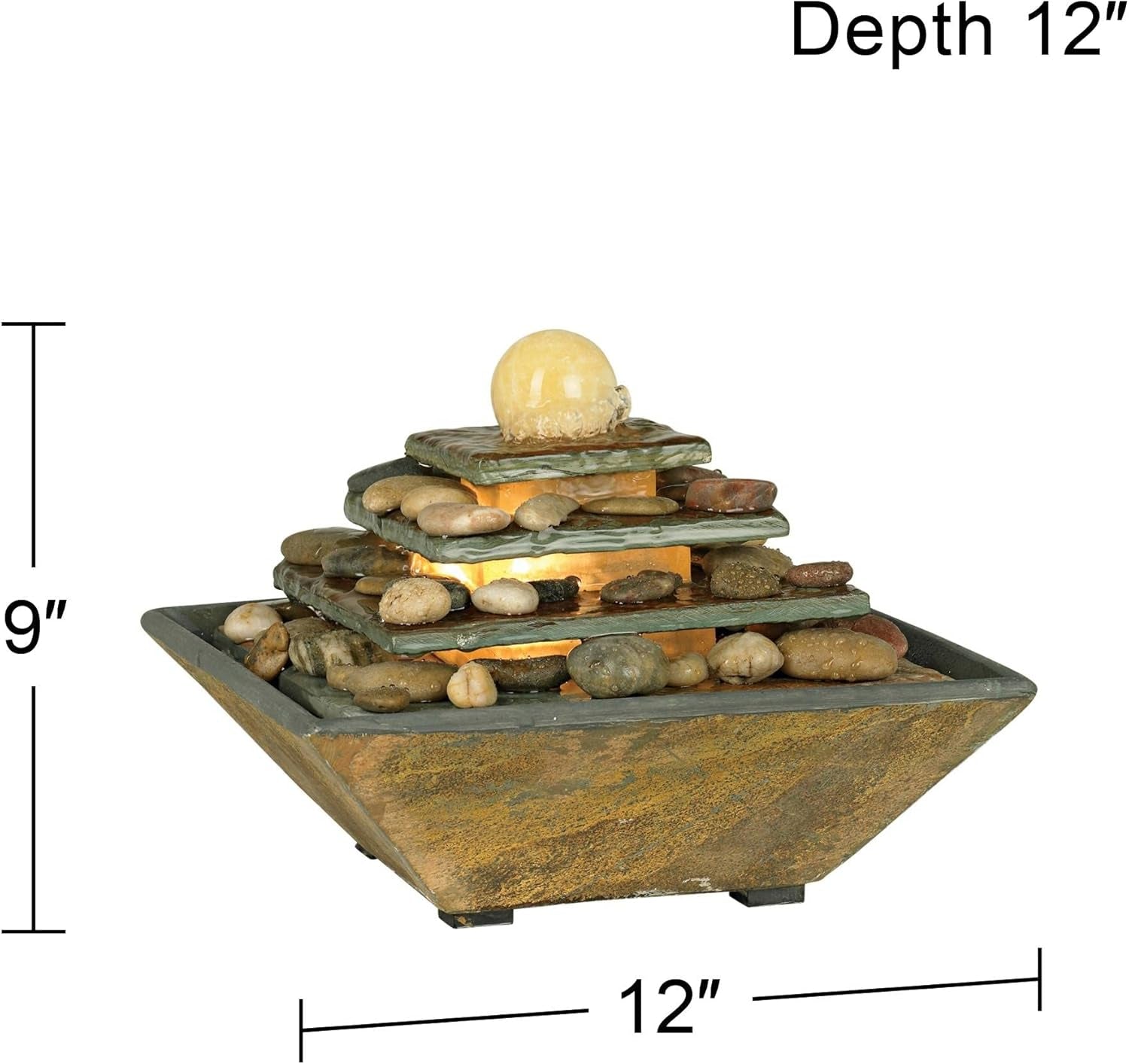 Pyramid 9" High Small Zen Modern Indoor Decor Slate Stone Tabletop Fountain with Light LED Waterfall Feng Shui Ball Water Feature for Desk Relaxation Bedroom Living Room Countertop -