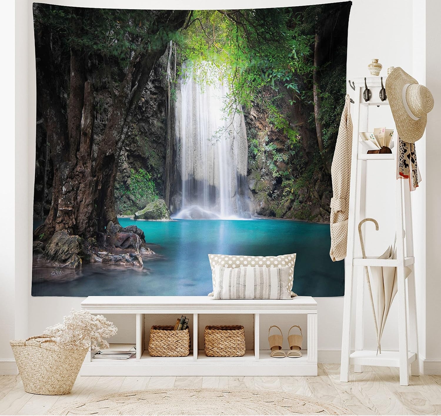 Nature Tapestry King Size, Surreal Scene Deep down in Rainforest with Waterfall Idyllic Image, Wall Hanging Bedspread Bed Cover Wall Decor, King Size, Fern Green Turquoise