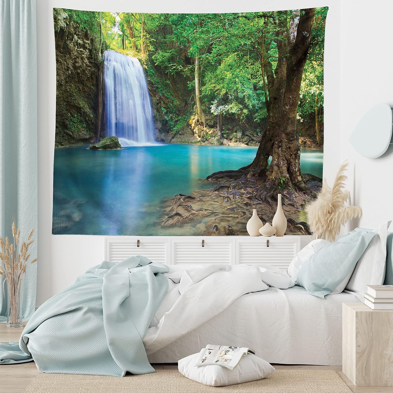 Woodland Tapestry King Size, Waterfall Asia Thailand Jungle Tropic Plants Trees Tourist Attraction, Wall Hanging Bedspread Bed Cover Wall Decor, 104" X 88", Turquoise Green
