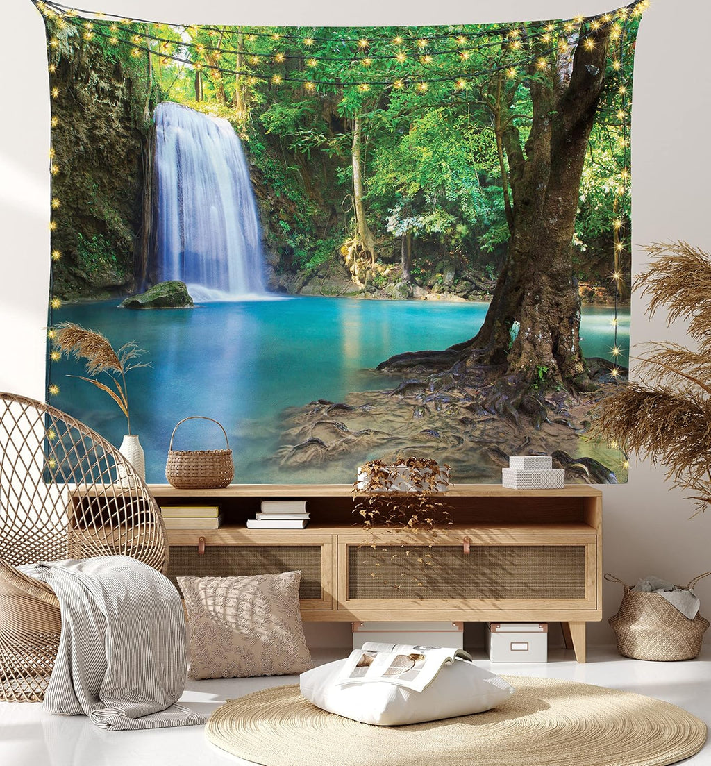 Woodland Tapestry King Size, Waterfall Asia Thailand Jungle Tropic Plants Trees Tourist Attraction, Wall Hanging Bedspread Bed Cover Wall Decor, 104" X 88", Turquoise Green