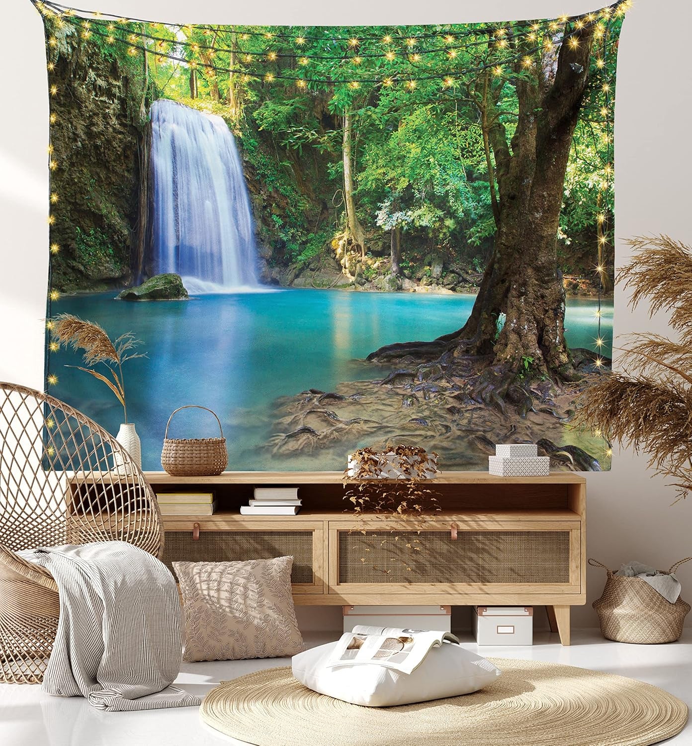 Woodland Tapestry King Size, Waterfall Asia Thailand Jungle Tropic Plants Trees Tourist Attraction, Wall Hanging Bedspread Bed Cover Wall Decor, 104" X 88", Turquoise Green