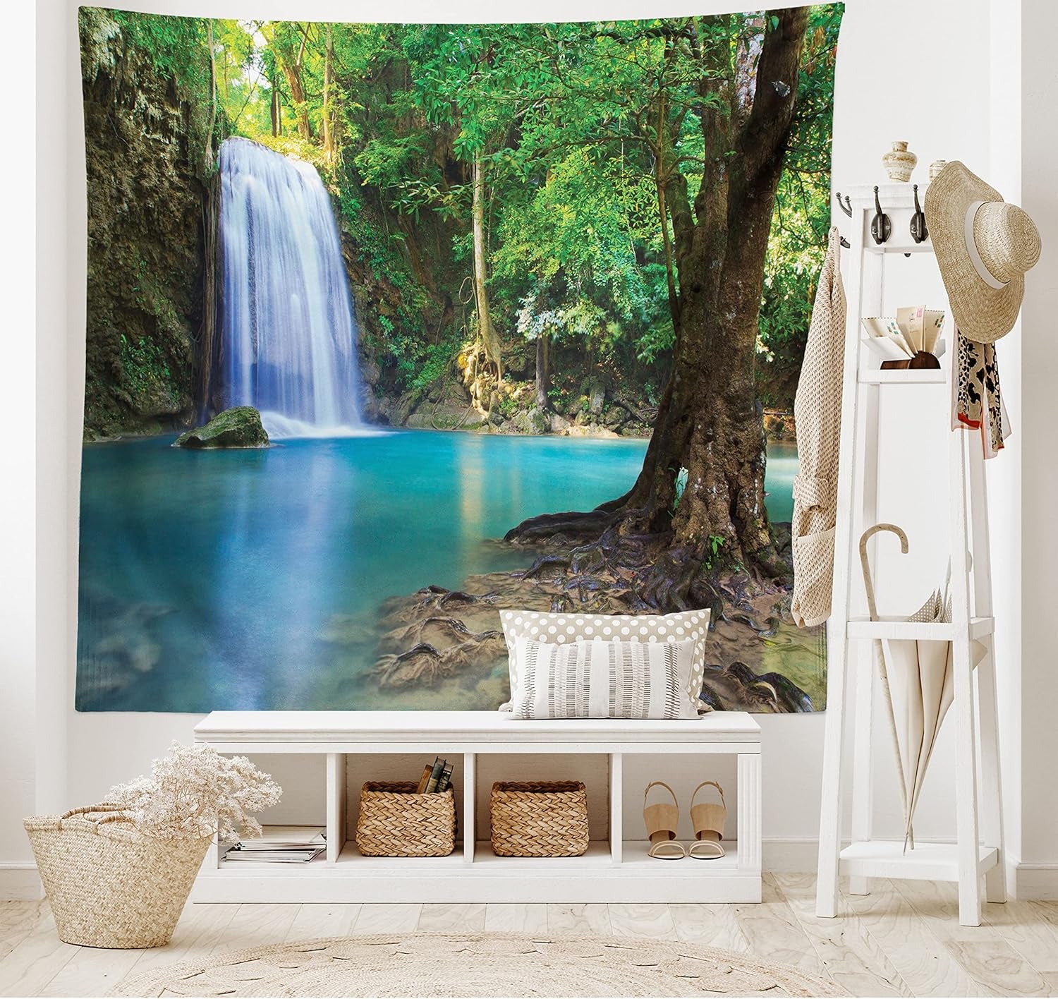 Woodland Tapestry King Size, Waterfall Asia Thailand Jungle Tropic Plants Trees Tourist Attraction, Wall Hanging Bedspread Bed Cover Wall Decor, 104" X 88", Turquoise Green