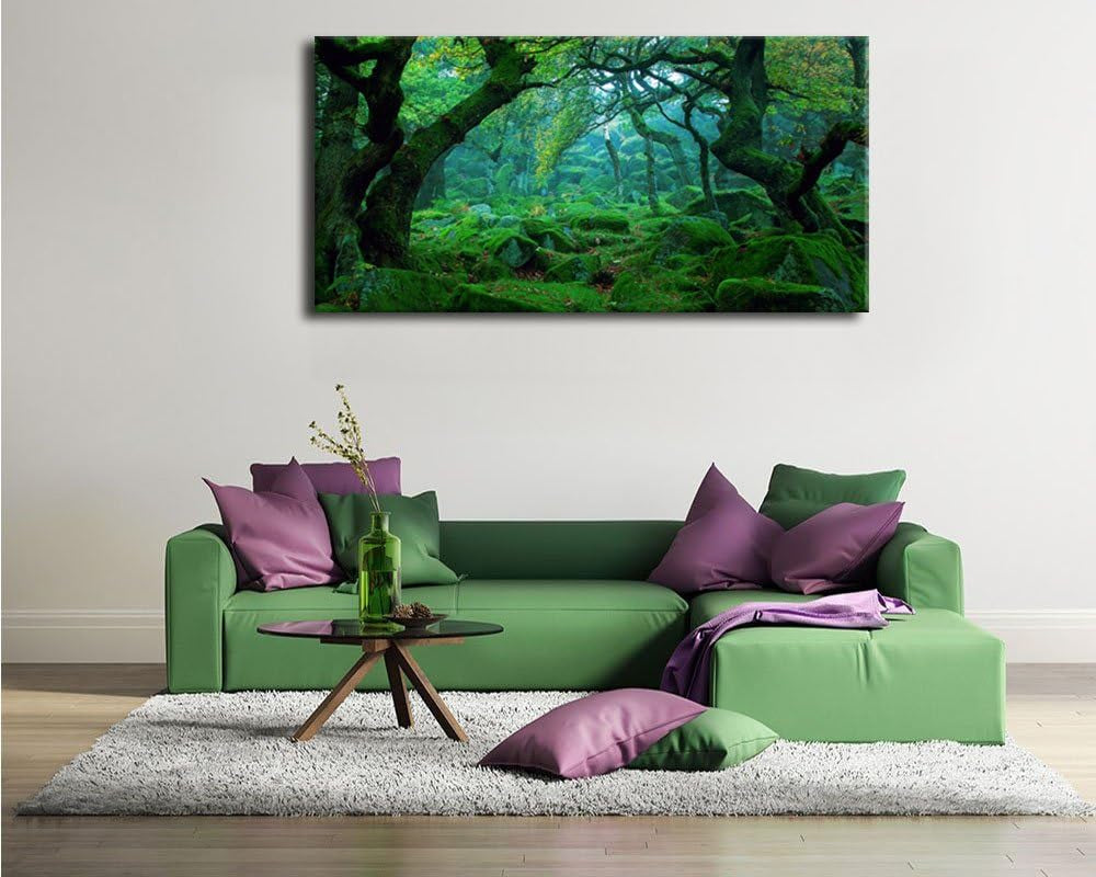 Green Forest Canvas Wall Art Living Room Decoration Big Trees Nature Picture Large Modern Canvas Artwork Contemporary Woods Mossy Rock Spring Season Prints for Office Home Decoration 20" X 40"