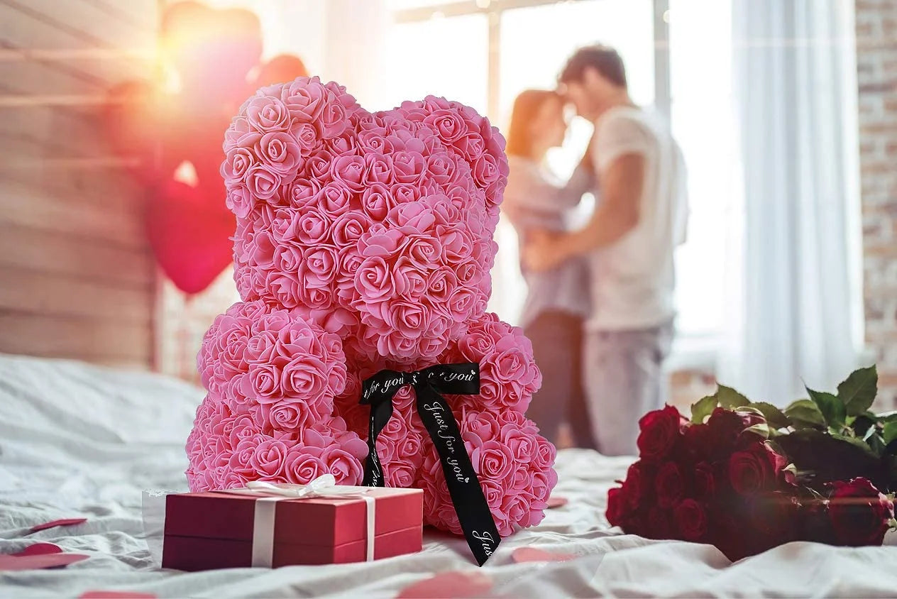 Pink Rose Teddy Bear – 10" Flower Bear with Gift Box, Perfect for Valentine’s Day, Mother’s Day, Anniversary, Birthday, or Wedding Party Décor