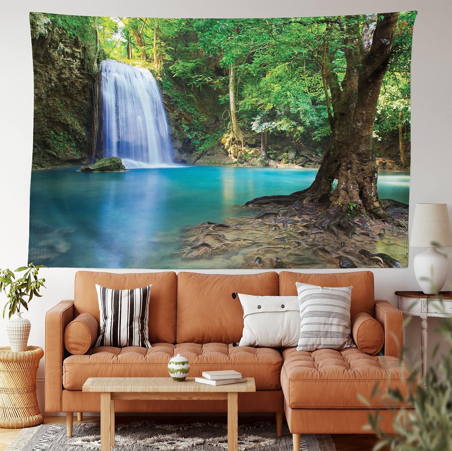 Woodland Tapestry King Size, Waterfall Asia Thailand Jungle Tropic Plants Trees Tourist Attraction, Wall Hanging Bedspread Bed Cover Wall Decor, 104" X 88", Turquoise Green