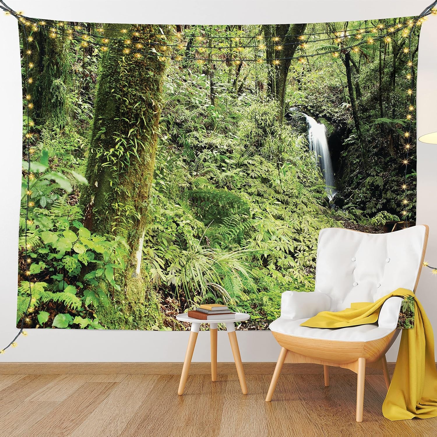 Woodland Tapestry King Size, Waterfall in Deep Forest Scenery in the Woods Green of Earth Covering Plants, Wall Hanging Bedspread Bed Cover Wall Decor, King Size, Forest Green