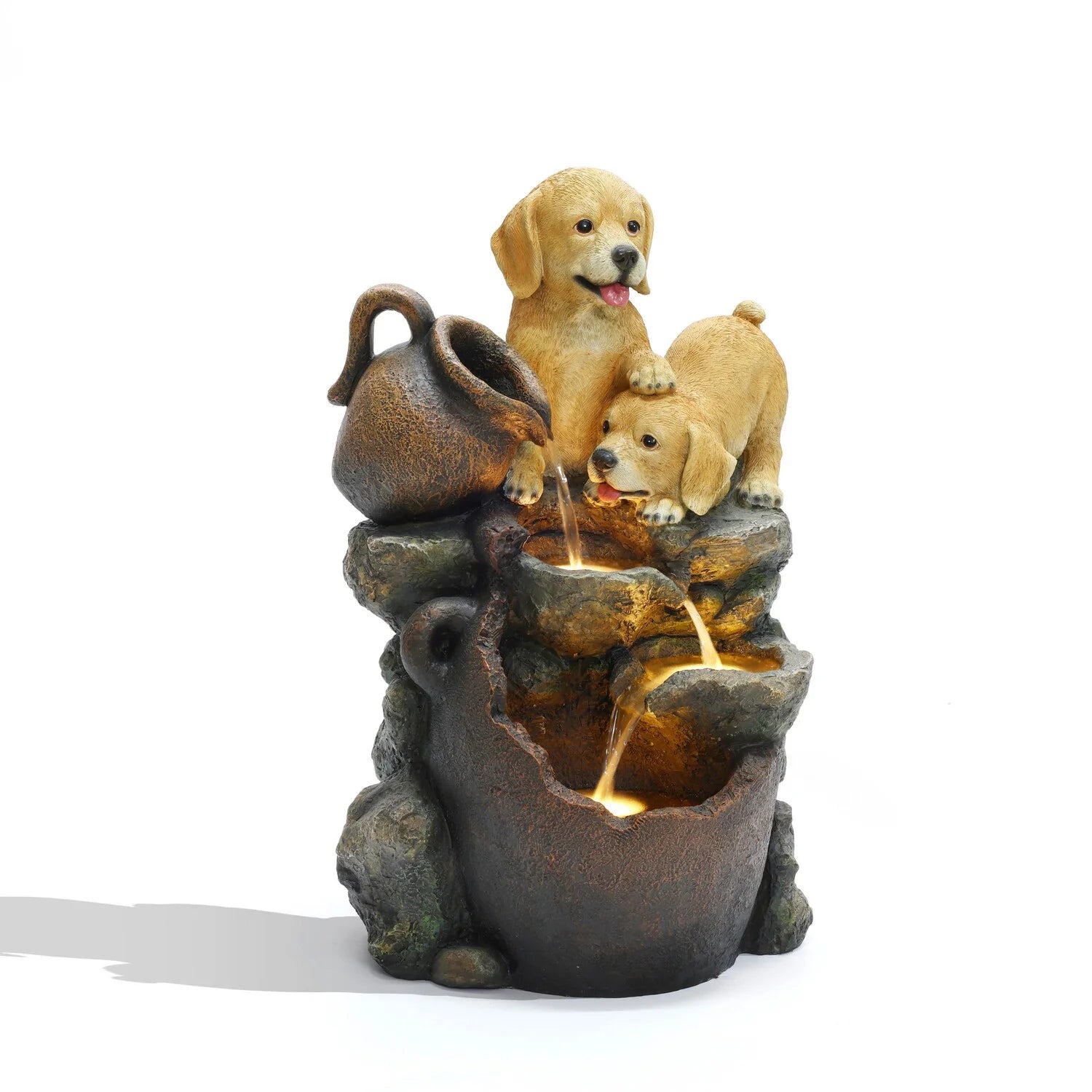 Puppy Friends Farmhouse Resin Outdoor Fountain with Lights