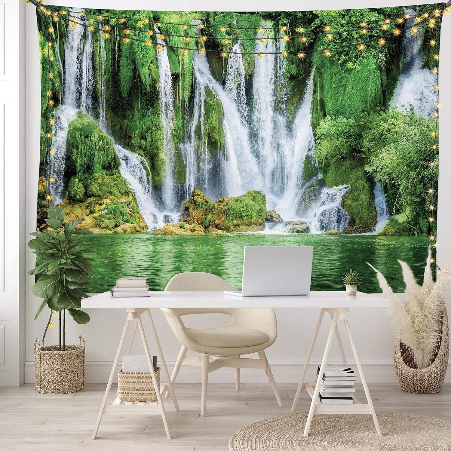 Waterfall Tapestry King Size, Moss Greenery Reflection on River Landmark in Bosnia and Herzegovina Picture, Wall Hanging Bedspread Bed Cover Wall Decor, King Size, Green White
