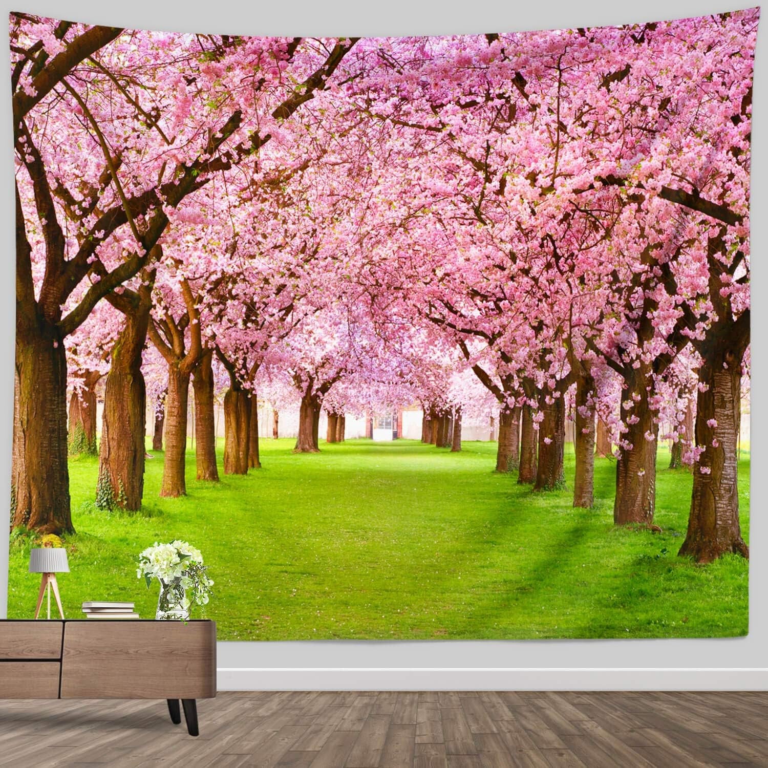 Pink Tapestry Wall Hanging, Nature Floral Bedroom Tapestry Small - Cute Cherry Flowers Trees Garden Scenic Tapestries for Living Room Home Office Dorm Fabric Wall Art Blanket