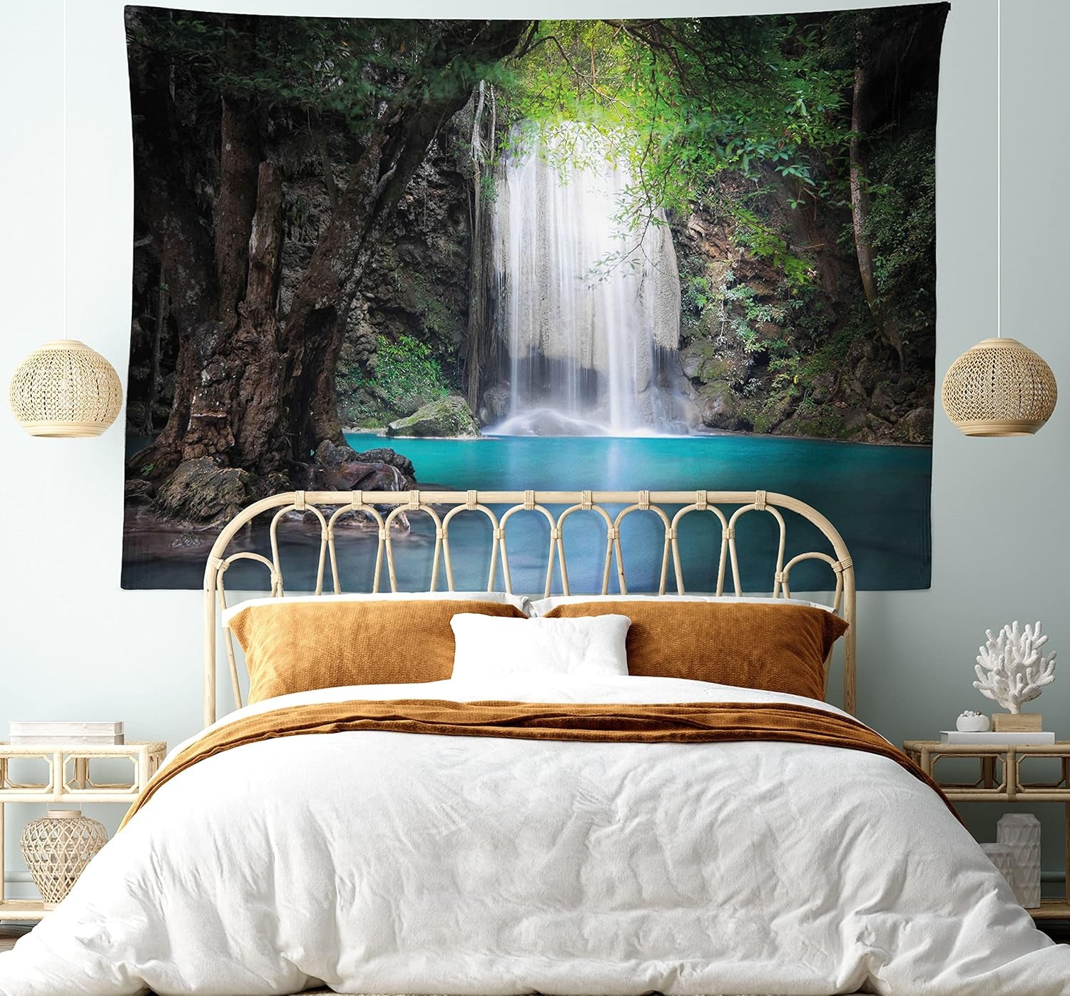 Nature Tapestry King Size, Surreal Scene Deep down in Rainforest with Waterfall Idyllic Image, Wall Hanging Bedspread Bed Cover Wall Decor, King Size, Fern Green Turquoise