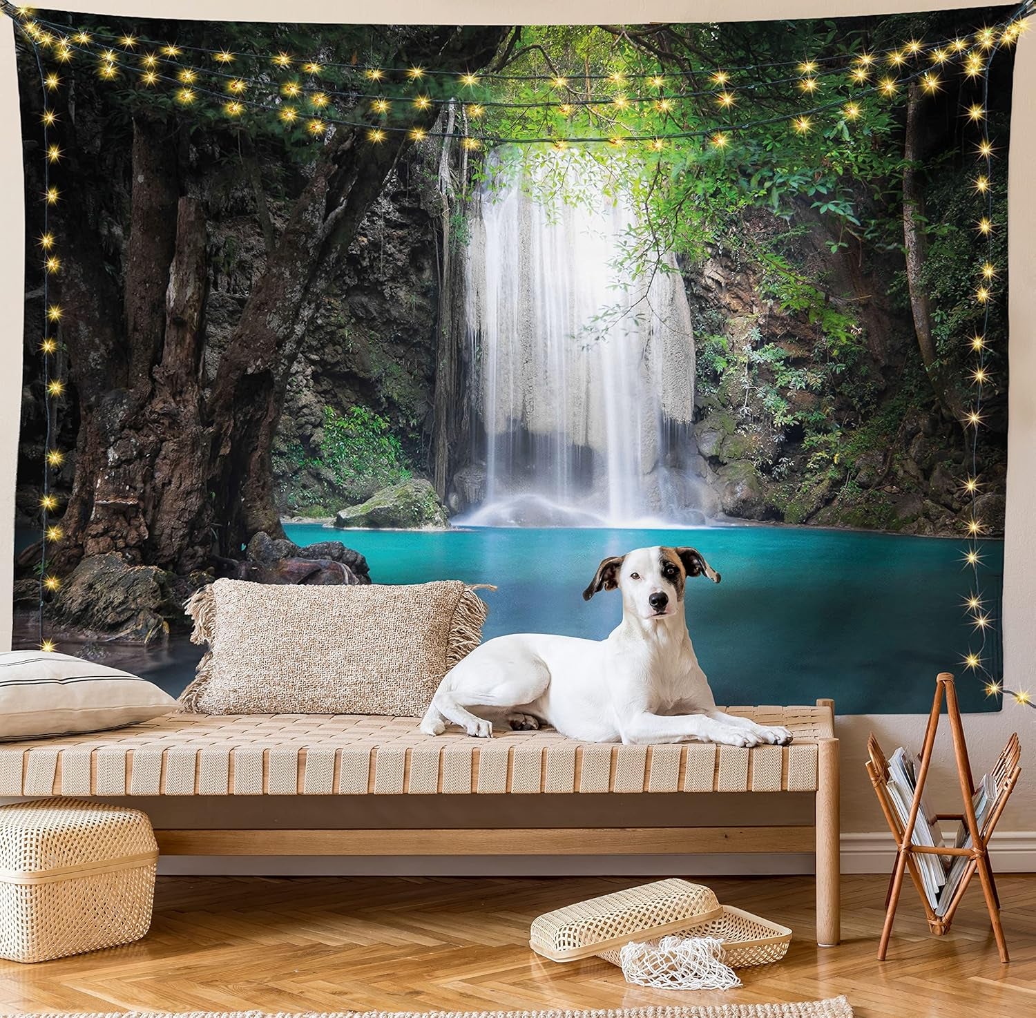 Nature Tapestry King Size, Surreal Scene Deep down in Rainforest with Waterfall Idyllic Image, Wall Hanging Bedspread Bed Cover Wall Decor, King Size, Fern Green Turquoise