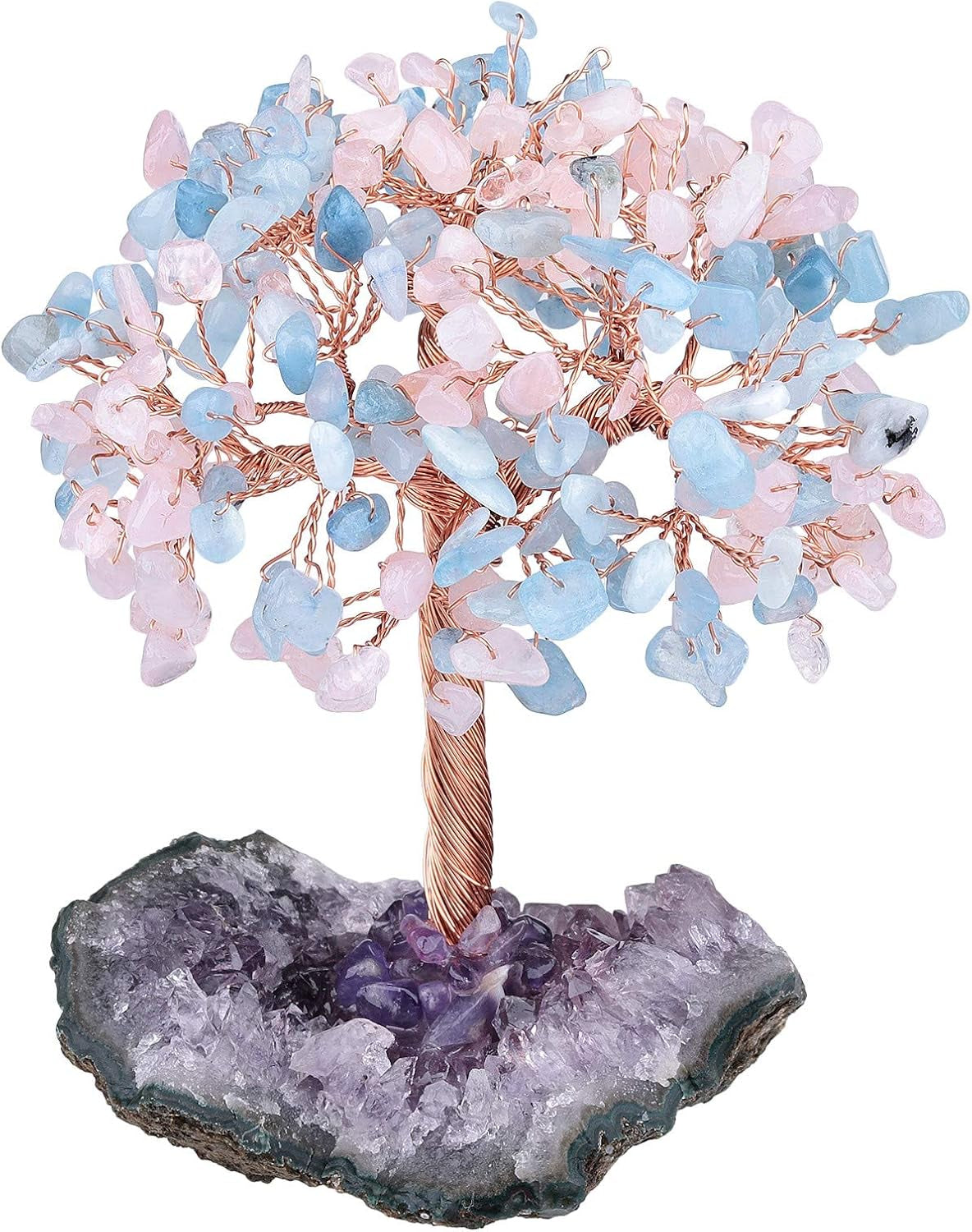 Natural Rose Quartz & Aquamarine Crystal Tree with Amethyst Cluster Crystal Base Money Tree Figurines Feng Shui Desk Decoration, Meditation Table Altar Decor, 4.5-6 Inches