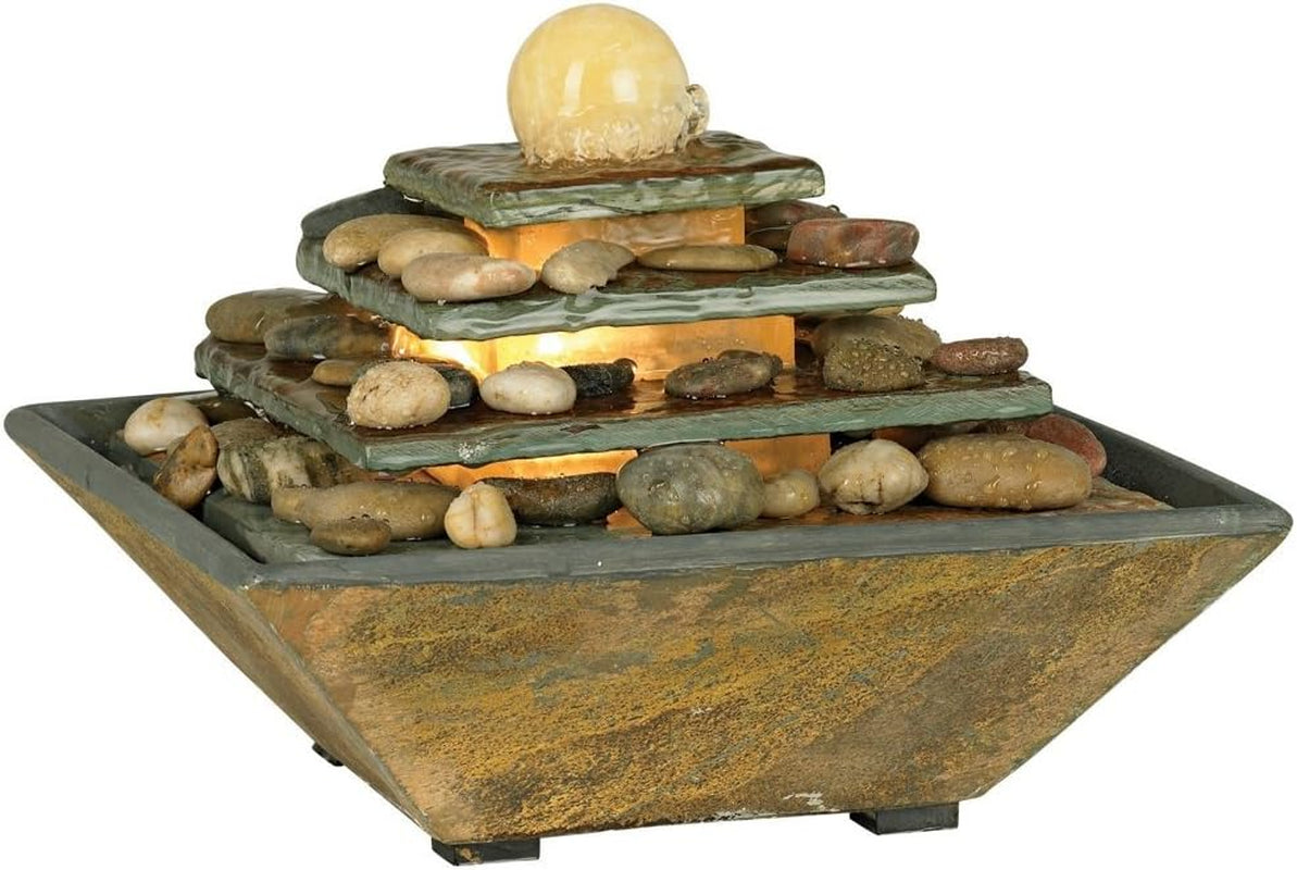 Pyramid 9" High Small Zen Modern Indoor Decor Slate Stone Tabletop Fountain with Light LED Waterfall Feng Shui Ball Water Feature for Desk Relaxation Bedroom Living Room Countertop -