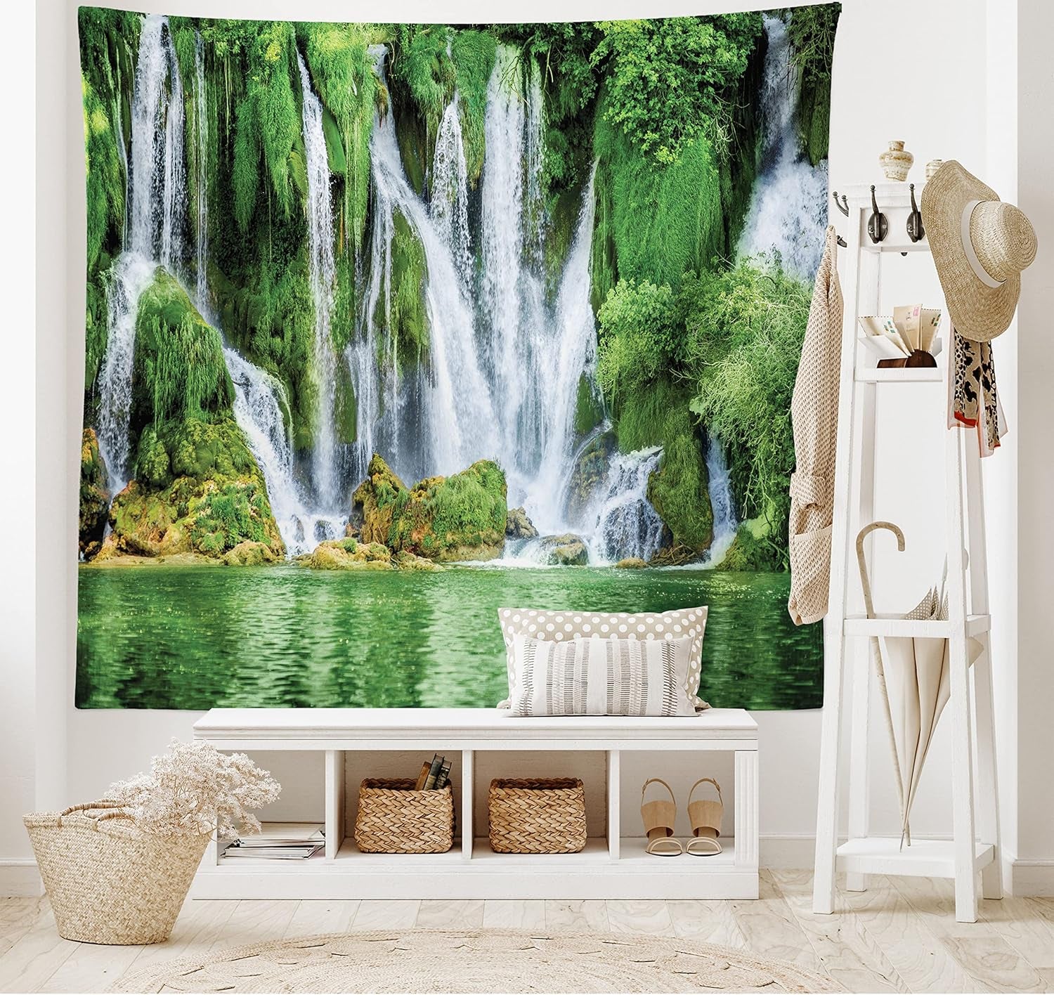 Waterfall Tapestry King Size, Moss Greenery Reflection on River Landmark in Bosnia and Herzegovina Picture, Wall Hanging Bedspread Bed Cover Wall Decor, King Size, Green White