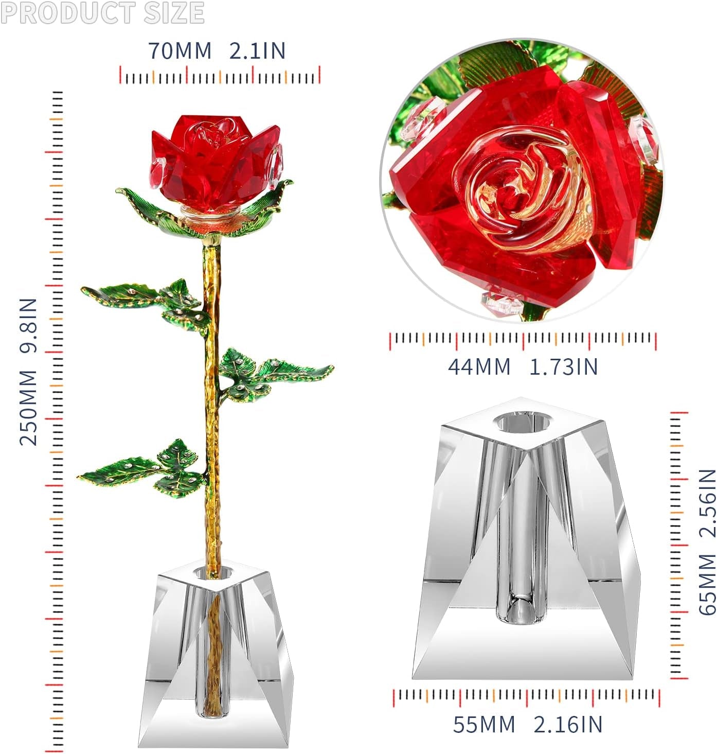 K9 Quality Crystal Roses, Forever Crystal Rose, Crystal,Long Stem with Crystal Vase (Red)