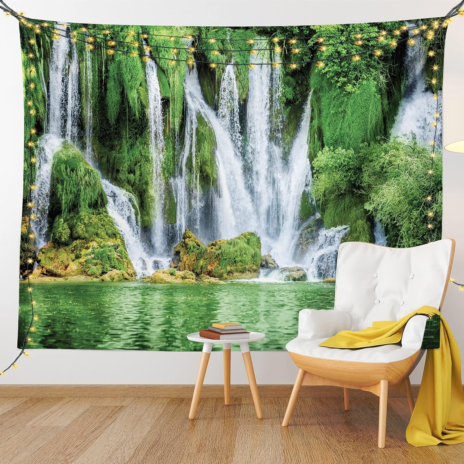 Waterfall Tapestry King Size, Moss Greenery Reflection on River Landmark in Bosnia and Herzegovina Picture, Wall Hanging Bedspread Bed Cover Wall Decor, King Size, Green White