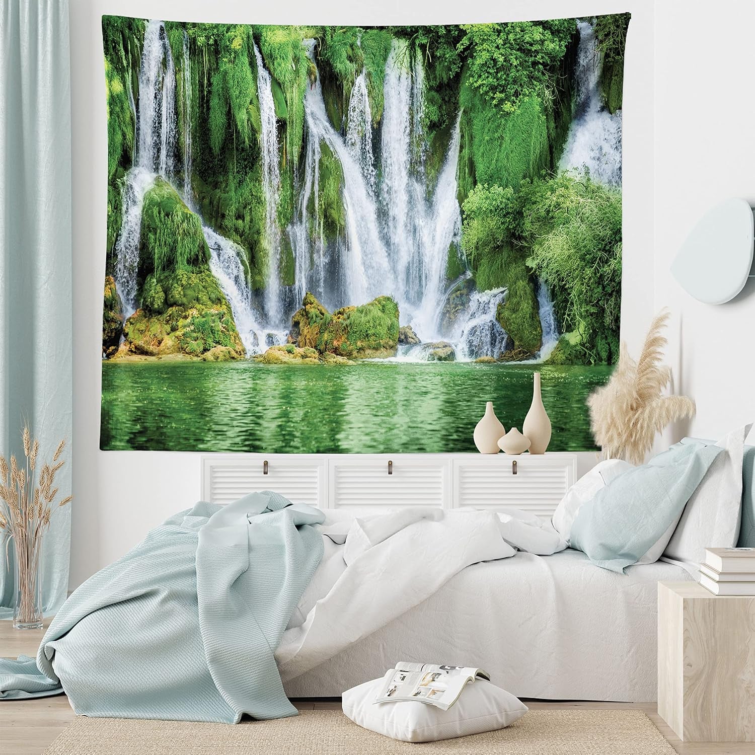 Waterfall Tapestry King Size, Moss Greenery Reflection on River Landmark in Bosnia and Herzegovina Picture, Wall Hanging Bedspread Bed Cover Wall Decor, King Size, Green White
