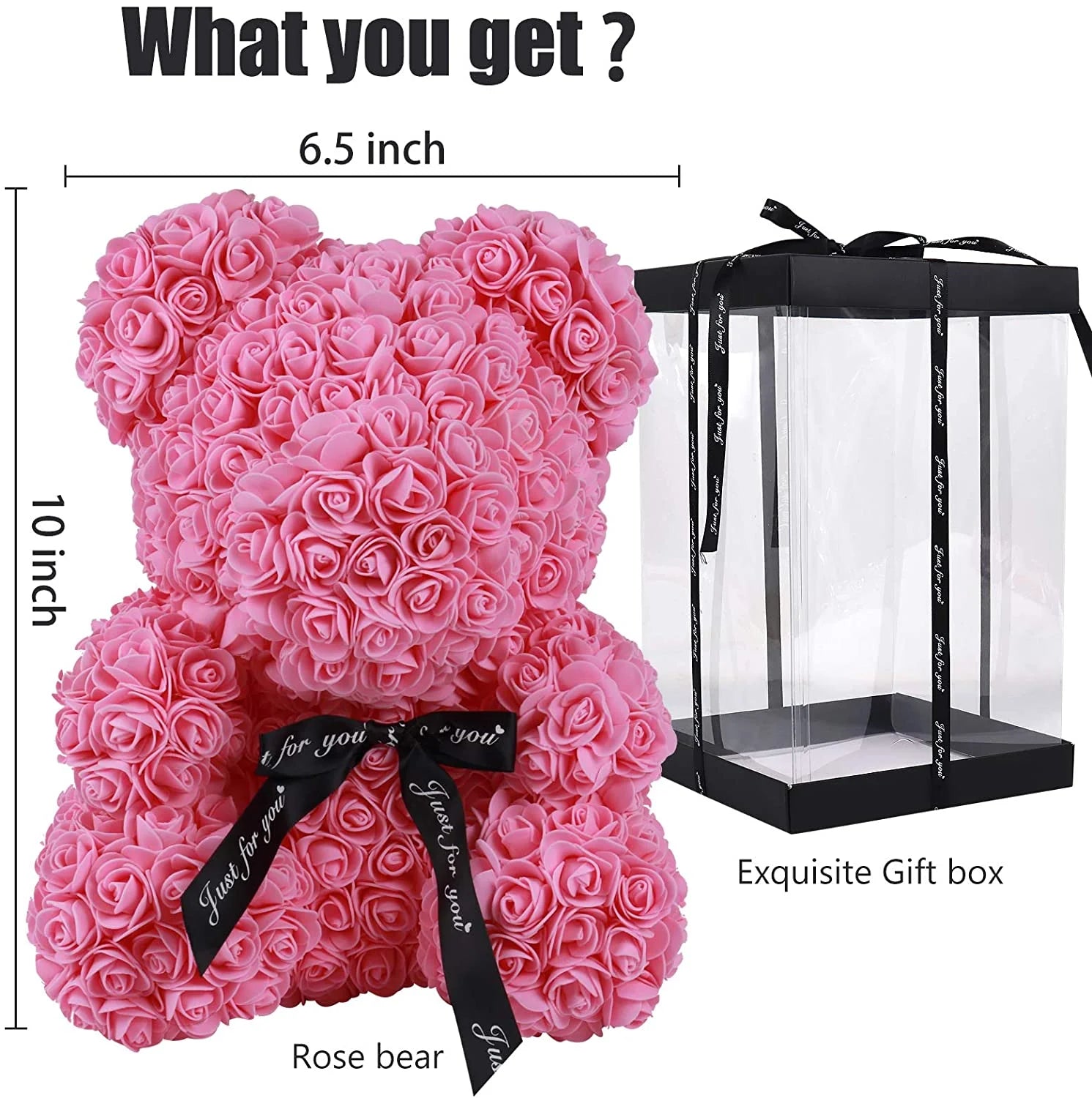 Pink Rose Teddy Bear – 10" Flower Bear with Gift Box, Perfect for Valentine’s Day, Mother’s Day, Anniversary, Birthday, or Wedding Party Décor