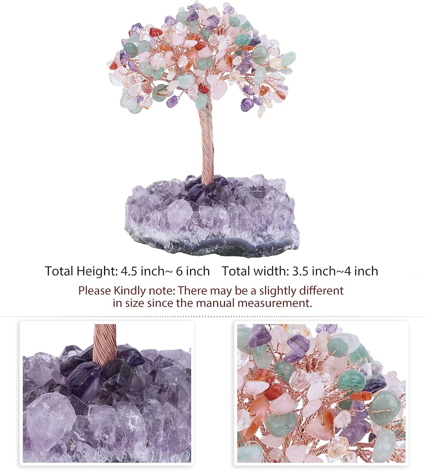 Healing Crystals Money Tree with Natural Amethyst Base, Crystal Stone Feng Shui Bonsai Figurines Tree of Life Decoration for Home Table Office, 7 Chakra Colorful