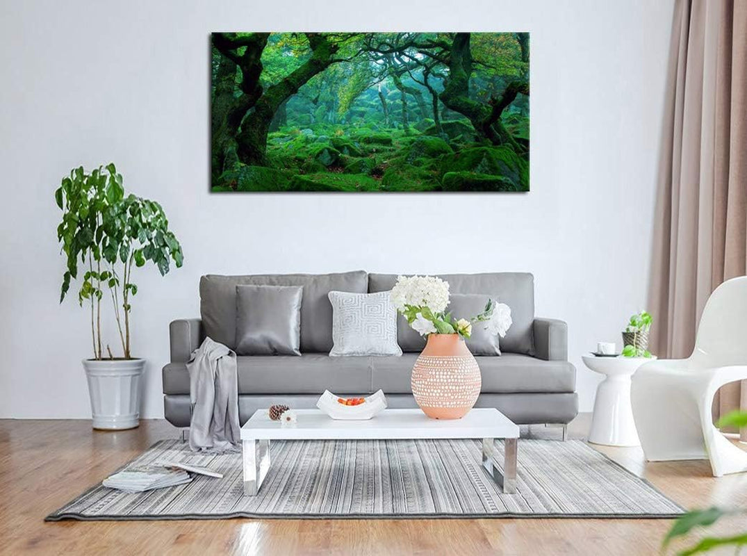 Green Forest Canvas Wall Art Living Room Decoration Big Trees Nature Picture Large Modern Canvas Artwork Contemporary Woods Mossy Rock Spring Season Prints for Office Home Decoration 20" X 40"
