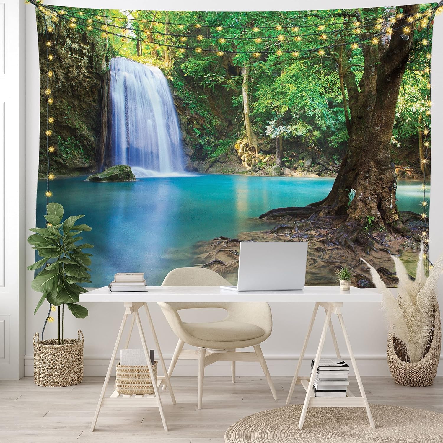 Woodland Tapestry King Size, Waterfall Asia Thailand Jungle Tropic Plants Trees Tourist Attraction, Wall Hanging Bedspread Bed Cover Wall Decor, 104" X 88", Turquoise Green