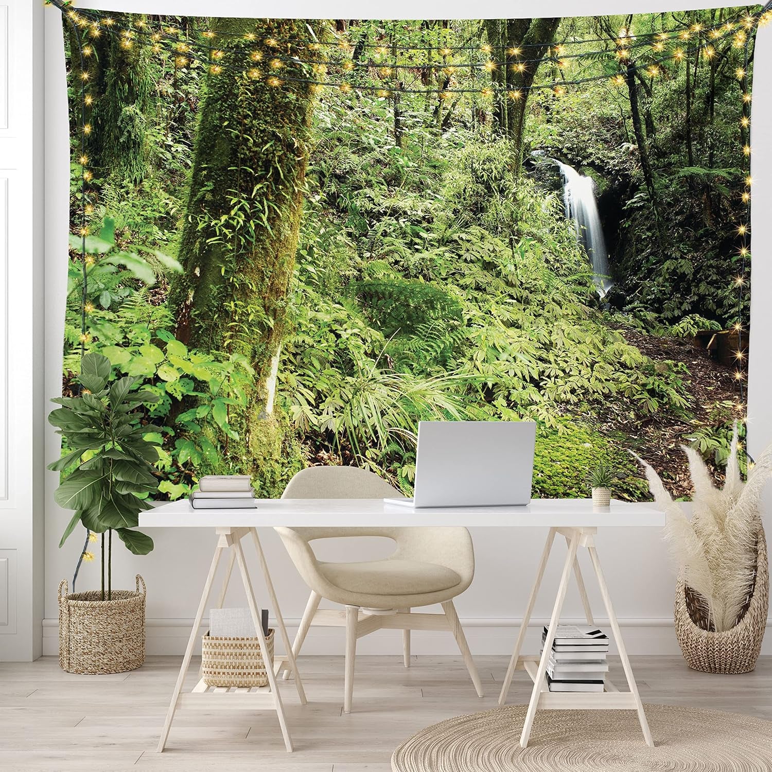 Woodland Tapestry King Size, Waterfall in Deep Forest Scenery in the Woods Green of Earth Covering Plants, Wall Hanging Bedspread Bed Cover Wall Decor, King Size, Forest Green