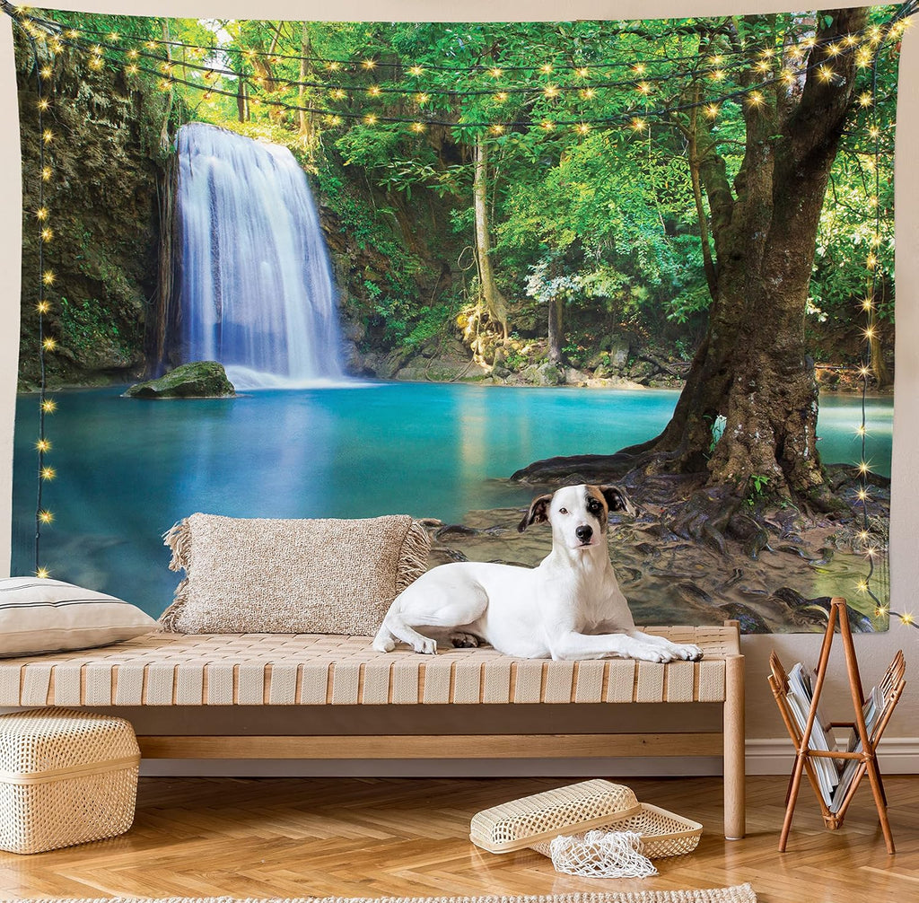 Woodland Tapestry King Size, Waterfall Asia Thailand Jungle Tropic Plants Trees Tourist Attraction, Wall Hanging Bedspread Bed Cover Wall Decor, 104" X 88", Turquoise Green