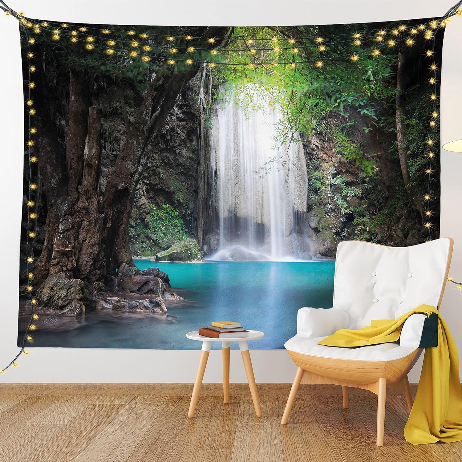 Nature Tapestry King Size, Surreal Scene Deep down in Rainforest with Waterfall Idyllic Image, Wall Hanging Bedspread Bed Cover Wall Decor, King Size, Fern Green Turquoise