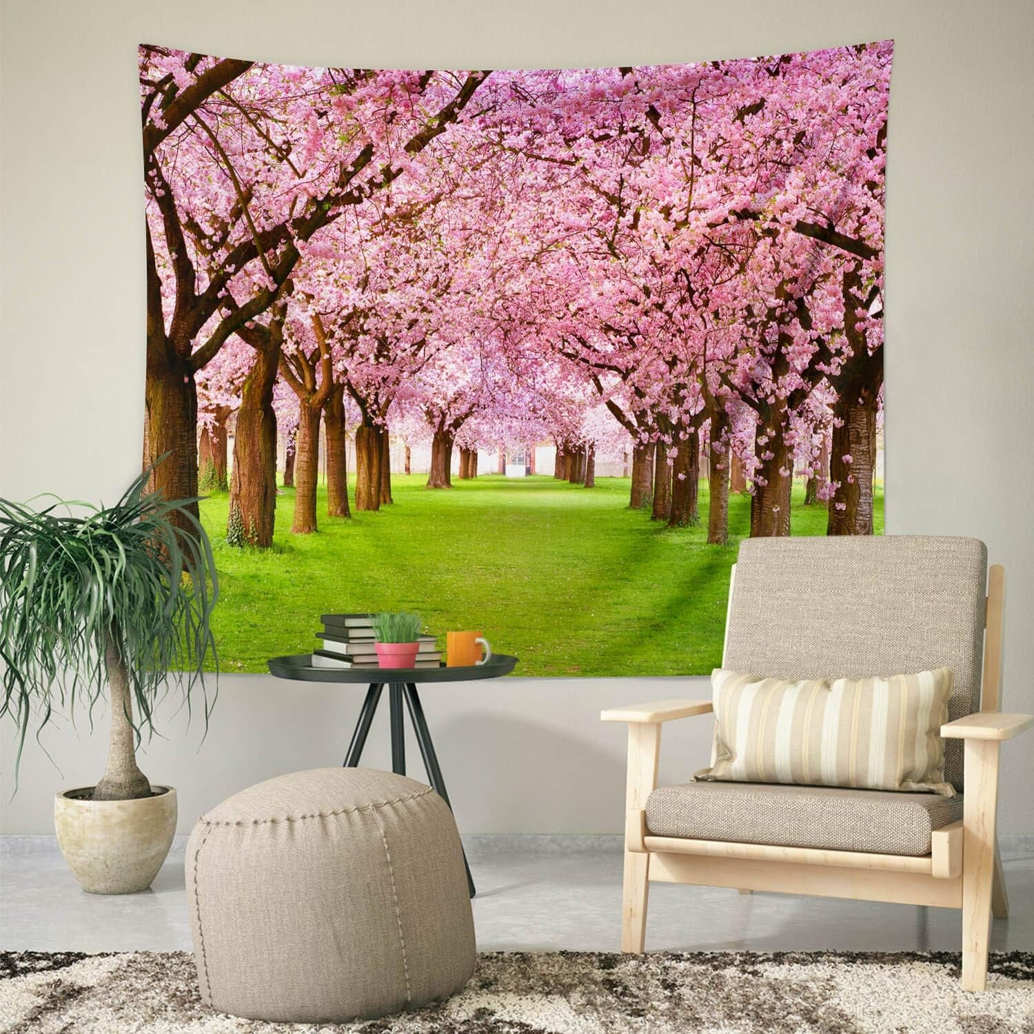 Pink Tapestry Wall Hanging, Nature Floral Bedroom Tapestry Small - Cute Cherry Flowers Trees Garden Scenic Tapestries for Living Room Home Office Dorm Fabric Wall Art Blanket