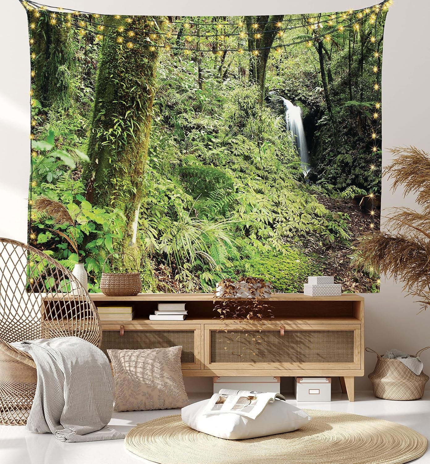 Woodland Tapestry King Size, Waterfall in Deep Forest Scenery in the Woods Green of Earth Covering Plants, Wall Hanging Bedspread Bed Cover Wall Decor, King Size, Forest Green