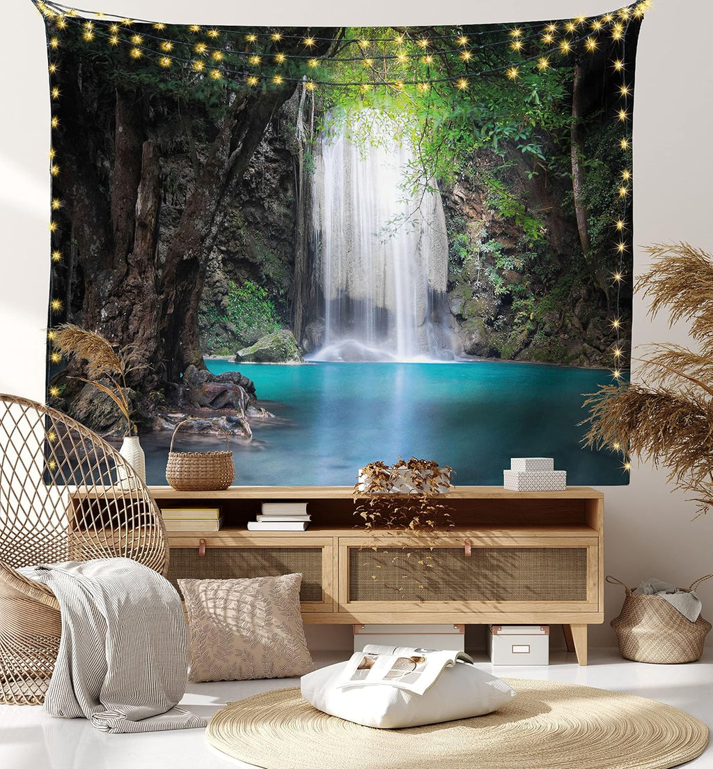 Nature Tapestry King Size, Surreal Scene Deep down in Rainforest with Waterfall Idyllic Image, Wall Hanging Bedspread Bed Cover Wall Decor, King Size, Fern Green Turquoise