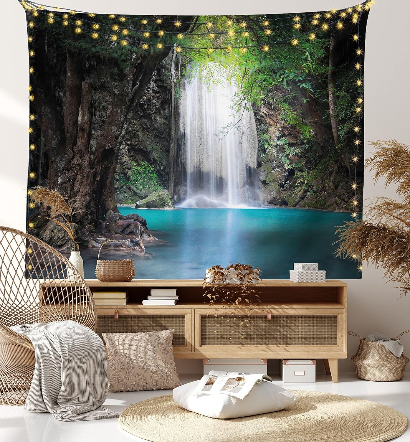 Nature Tapestry King Size, Surreal Scene Deep down in Rainforest with Waterfall Idyllic Image, Wall Hanging Bedspread Bed Cover Wall Decor, King Size, Fern Green Turquoise