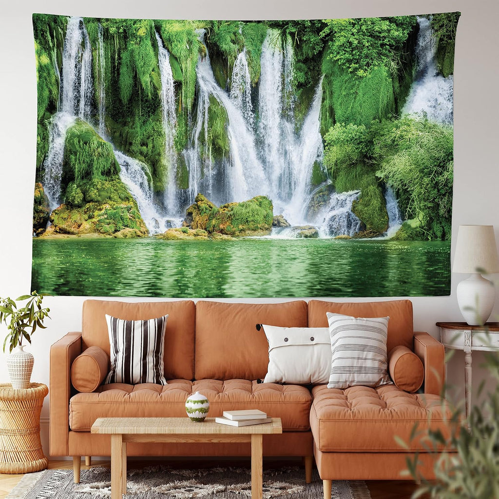 Waterfall Tapestry King Size, Moss Greenery Reflection on River Landmark in Bosnia and Herzegovina Picture, Wall Hanging Bedspread Bed Cover Wall Decor, King Size, Green White