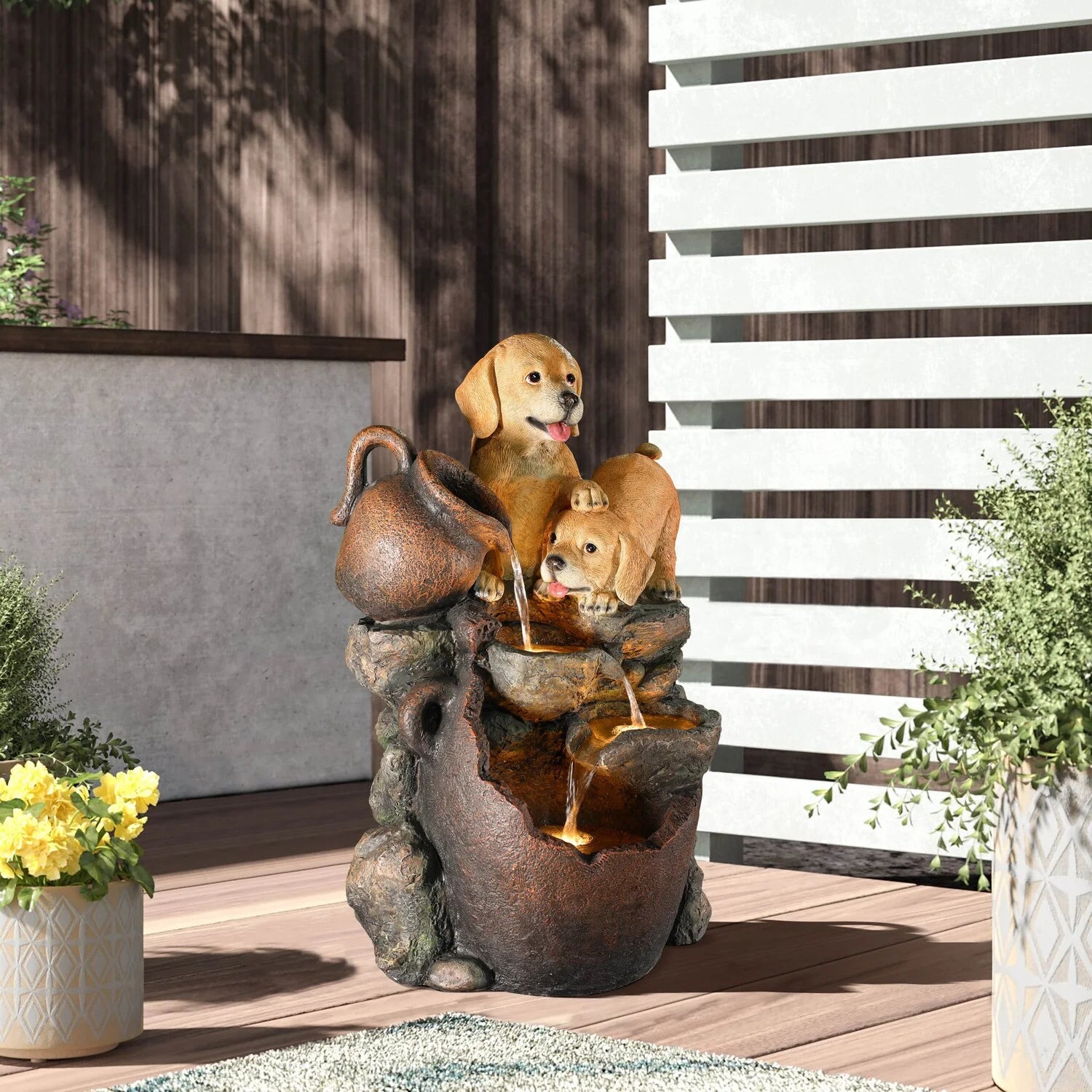 Puppy Friends Farmhouse Resin Outdoor Fountain with Lights