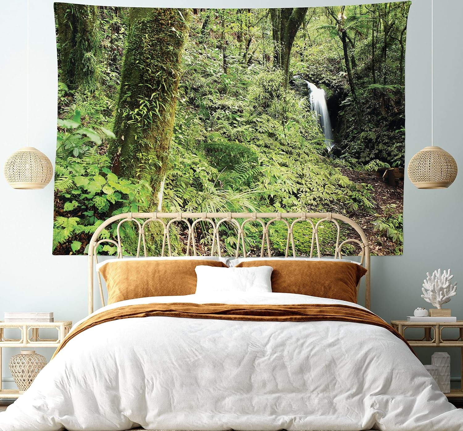 Woodland Tapestry King Size, Waterfall in Deep Forest Scenery in the Woods Green of Earth Covering Plants, Wall Hanging Bedspread Bed Cover Wall Decor, King Size, Forest Green