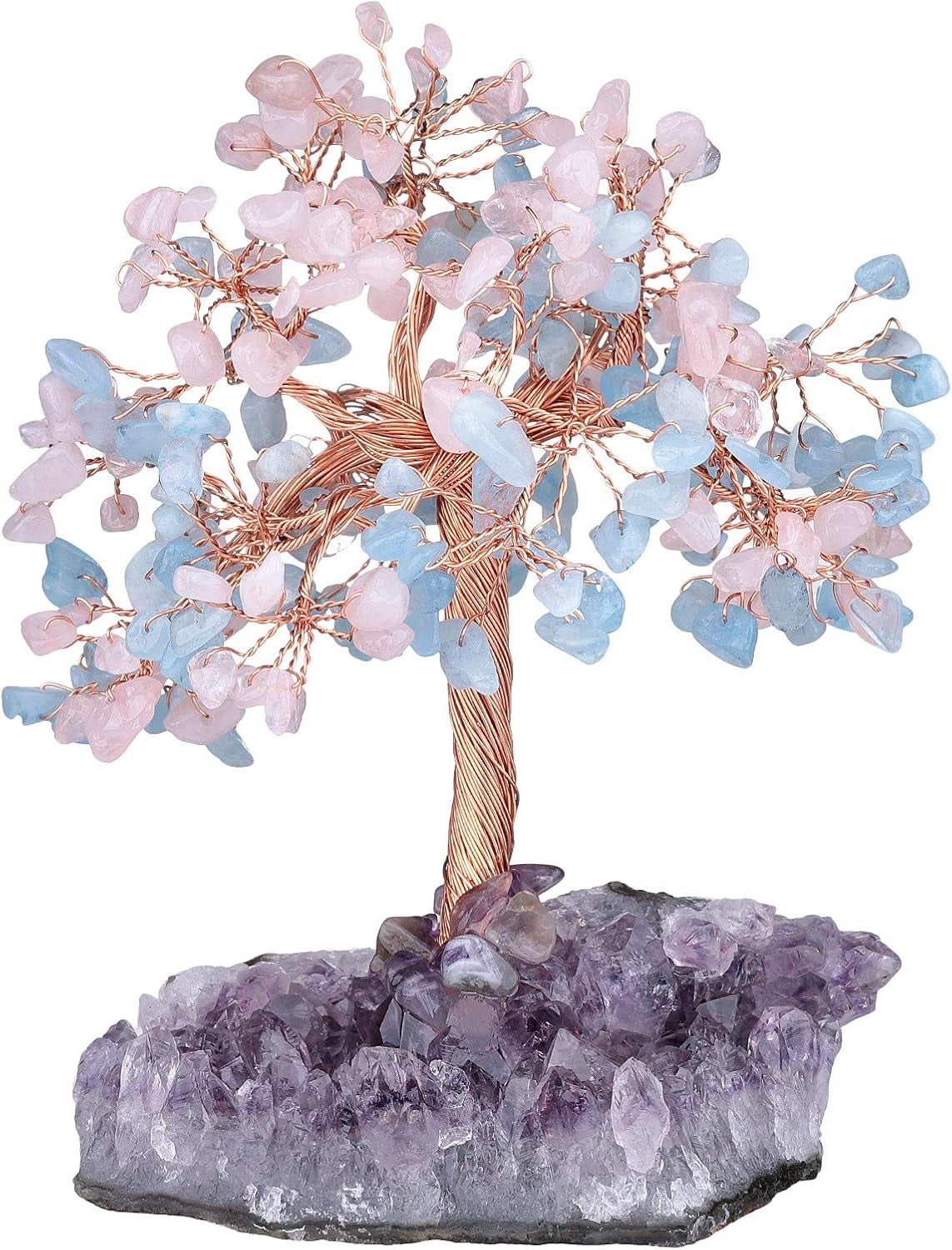 Natural Rose Quartz & Aquamarine Crystal Tree with Amethyst Cluster Crystal Base Money Tree Figurines Feng Shui Desk Decoration, Meditation Table Altar Decor, 4.5-6 Inches