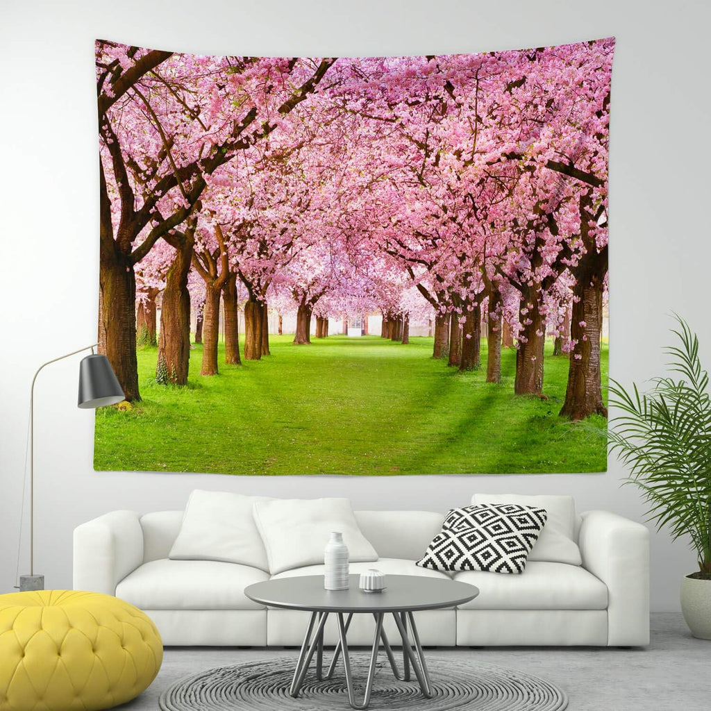 Pink Tapestry Wall Hanging, Nature Floral Bedroom Tapestry Small - Cute Cherry Flowers Trees Garden Scenic Tapestries for Living Room Home Office Dorm Fabric Wall Art Blanket