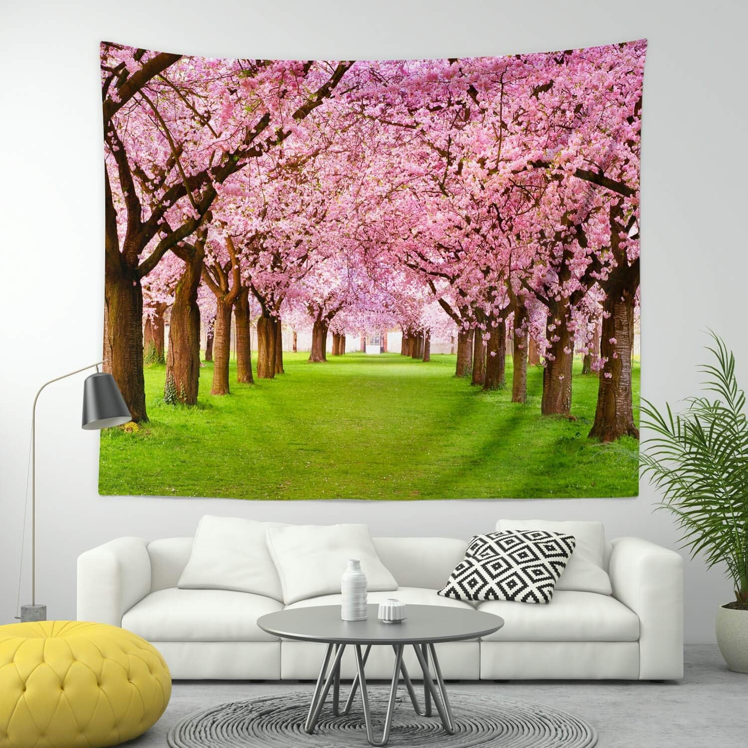 Pink Tapestry Wall Hanging, Nature Floral Bedroom Tapestry Small - Cute Cherry Flowers Trees Garden Scenic Tapestries for Living Room Home Office Dorm Fabric Wall Art Blanket