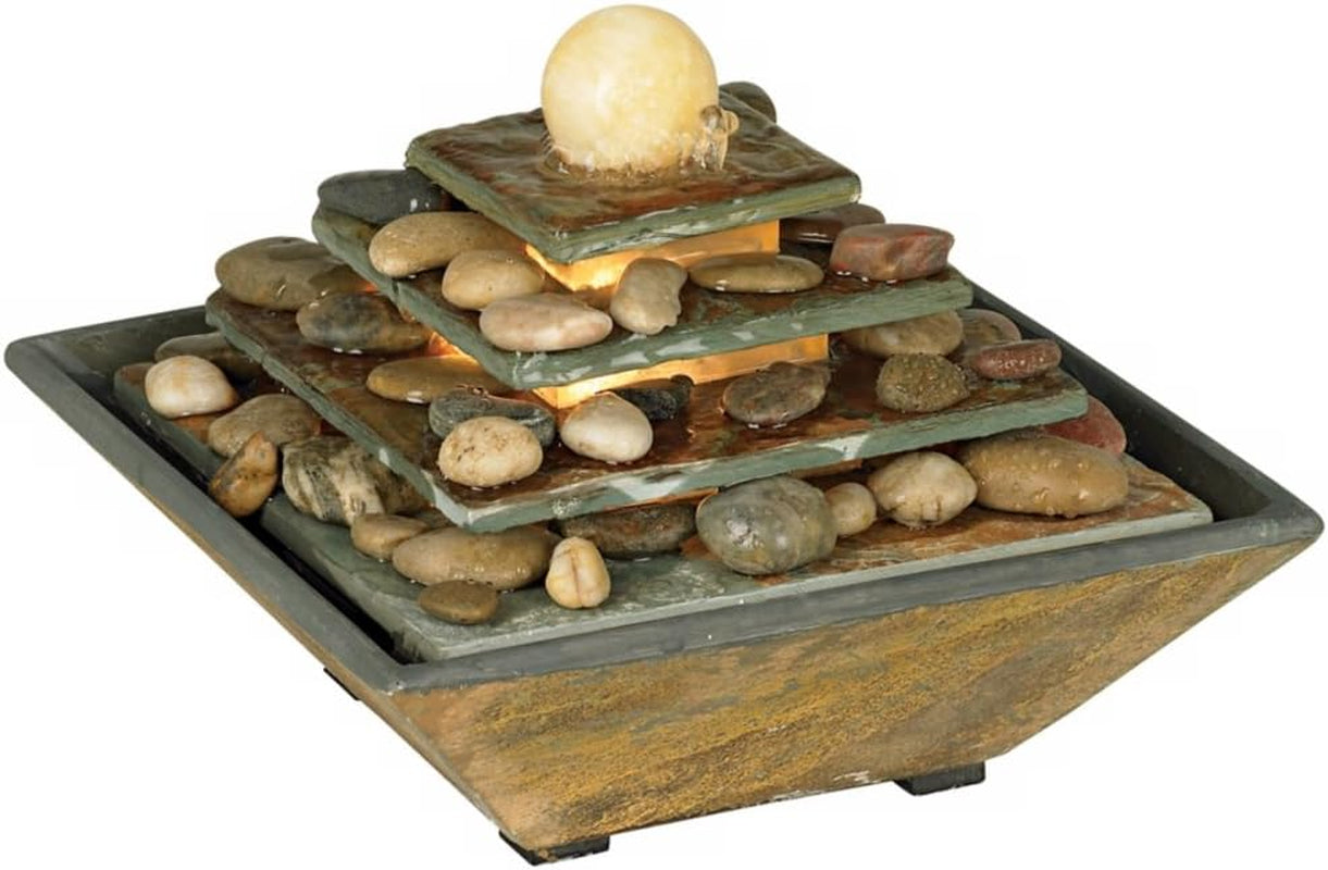 Pyramid 9" High Small Zen Modern Indoor Decor Slate Stone Tabletop Fountain with Light LED Waterfall Feng Shui Ball Water Feature for Desk Relaxation Bedroom Living Room Countertop -