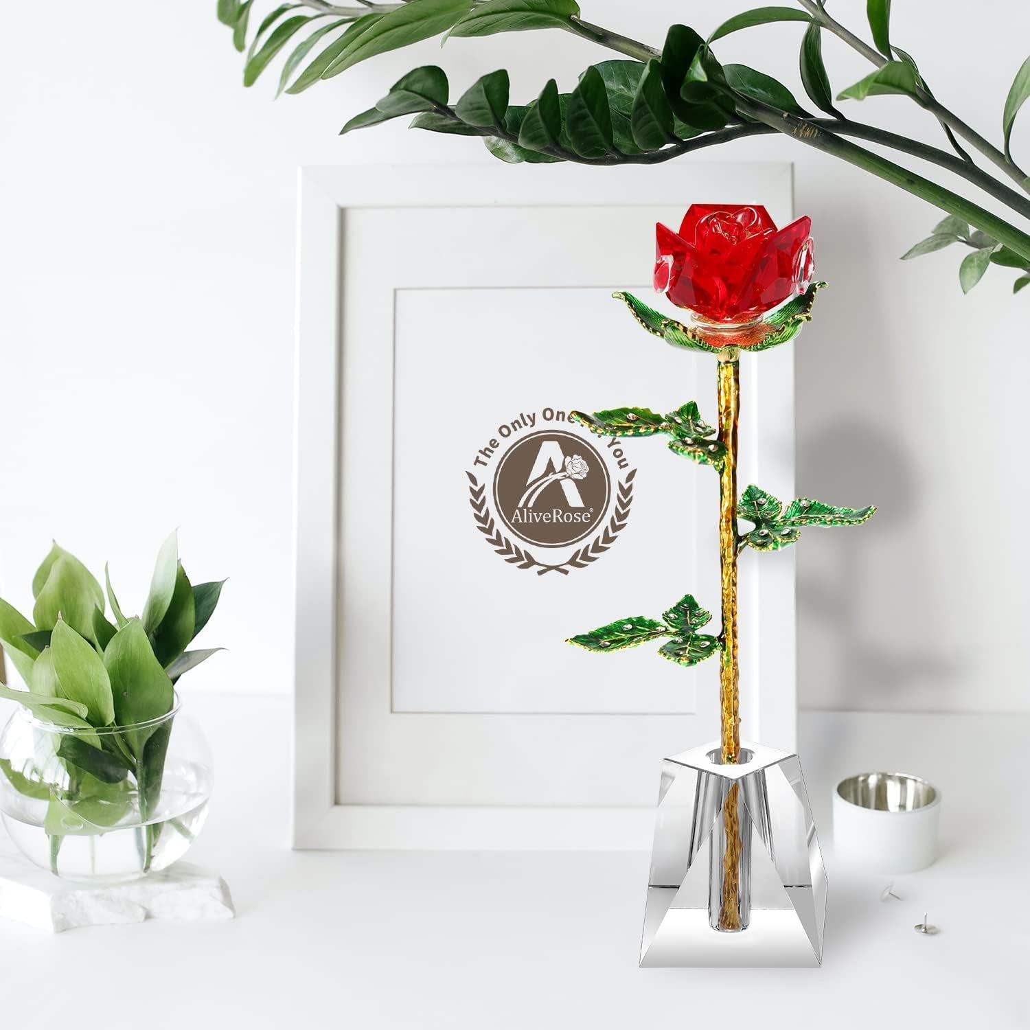 K9 Quality Crystal Roses, Forever Crystal Rose, Crystal,Long Stem with Crystal Vase (Red)